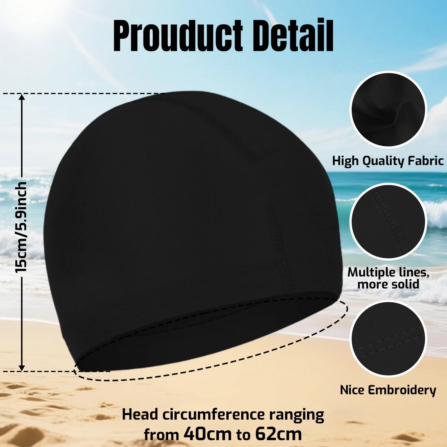 Bonnet de Bain Noir Homme Femme Piscine Tissu Souple Élastique Swimming Cap