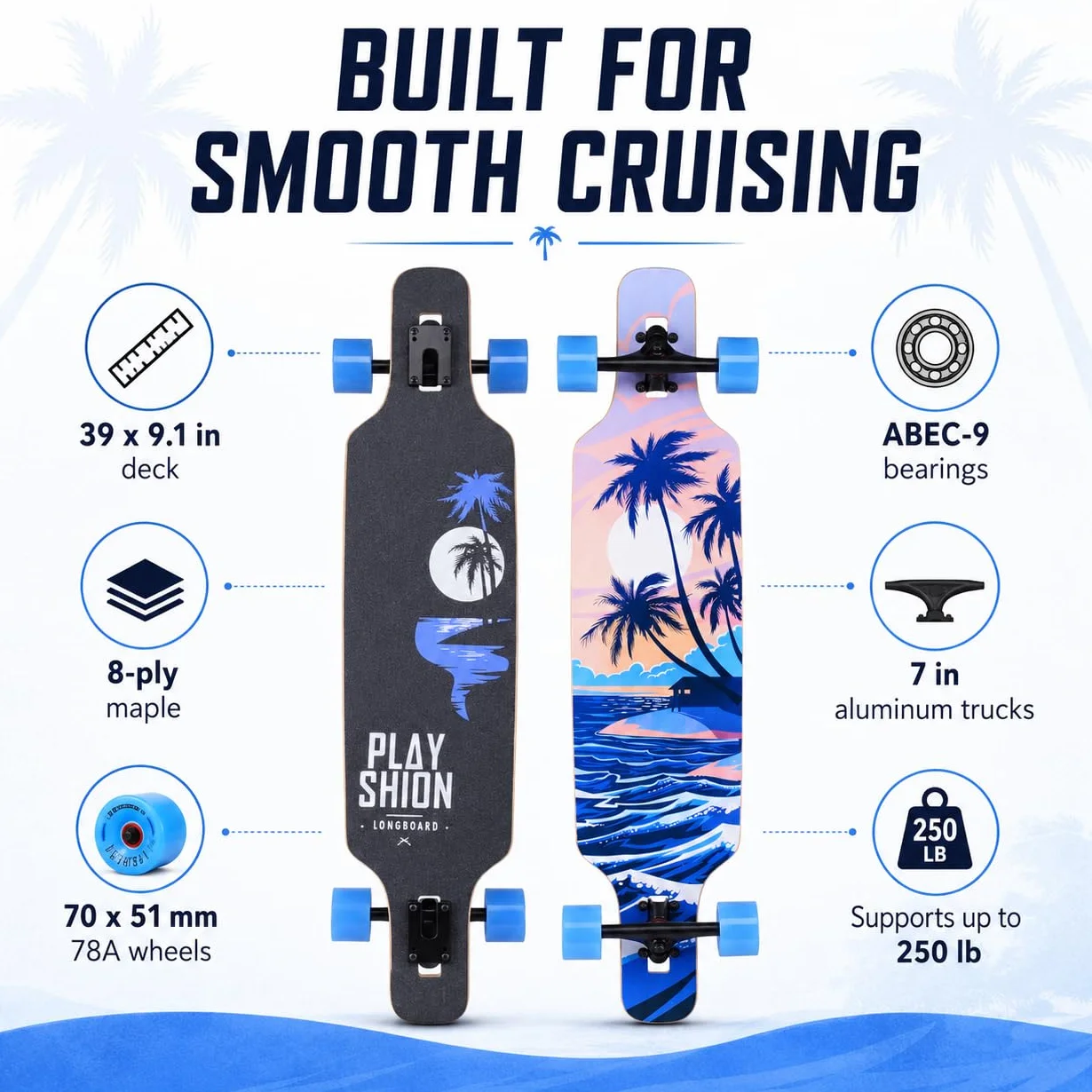 Playshion 39" Longboard Drop-Through Freestyle ABEC 11