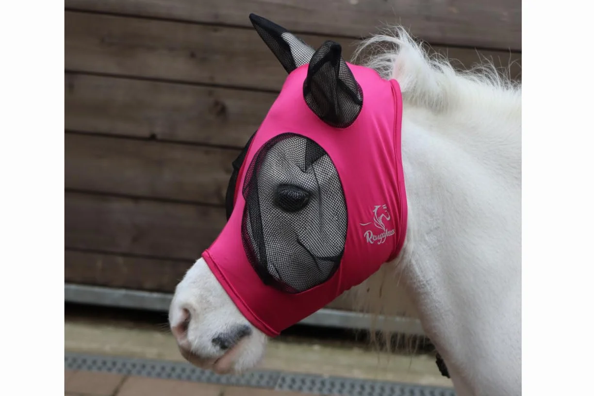 Ruggles Shetland Miniature Section A Masque Anti-mouches à Élastique Avec Oreilles Lycra Extensible Protection des Yeux Cheval Poney X-Mini Rose vif