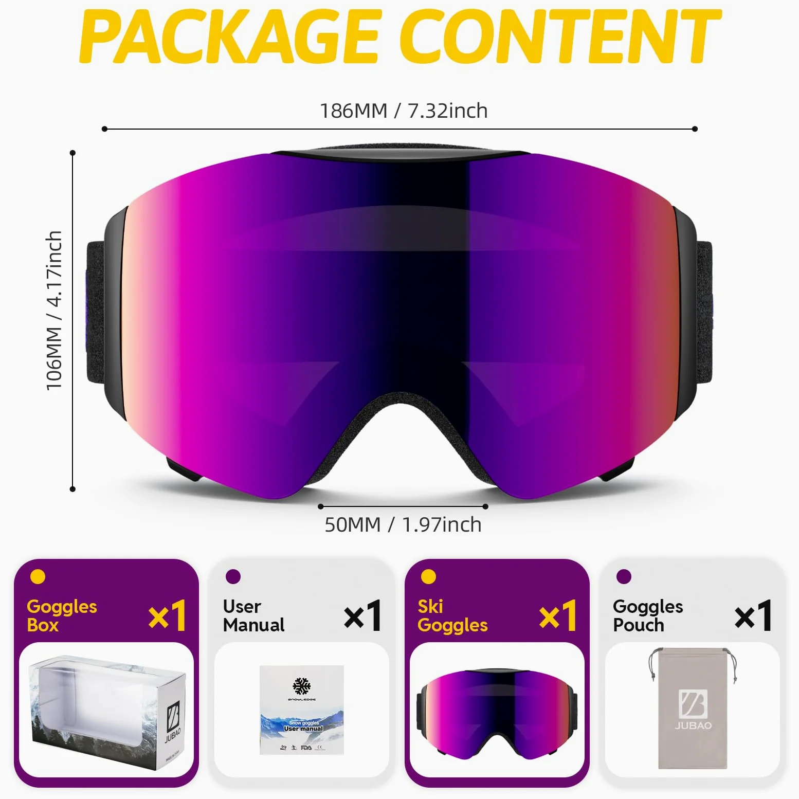 JUBAO Lunettes de ski Flip-Up pour homme et femme, anti-buée, magnétique, OTG pour désembuage instantané, protection UV400