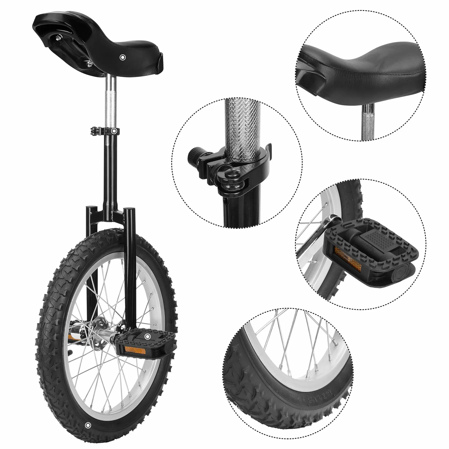 Monocycle 16" pour adultes, enfants, débutants, professionnels, noir