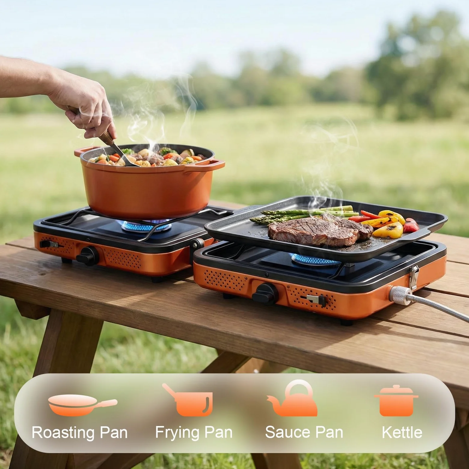 Réchaud de Camping Portable 2 Brûleurs 4400W, Cuisinière à Gaz Puissante pour Cuisson en Extérieur, Réchaud Pliable avec Allumage pour Randonnée Pique-nique Voyage