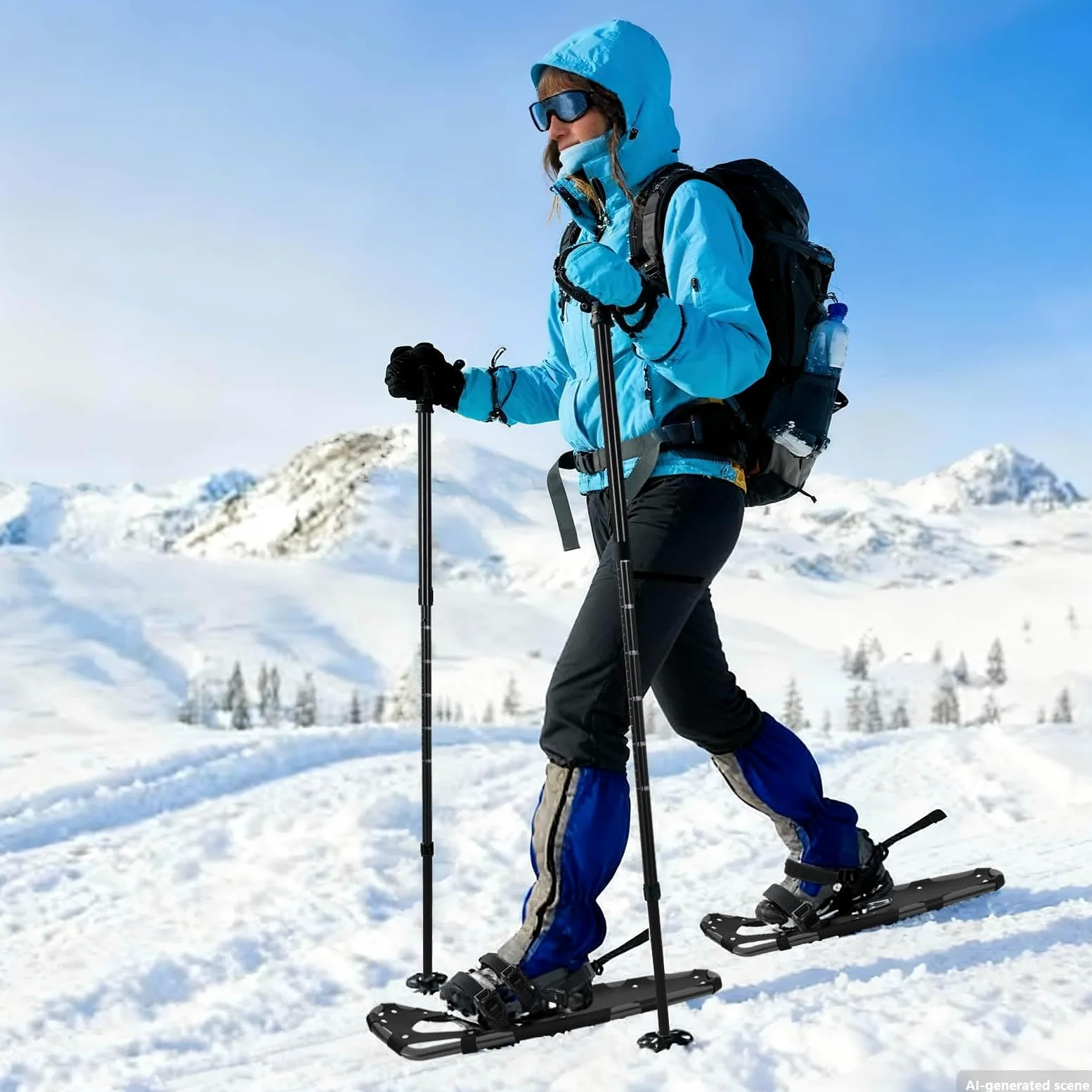 Raquettes en Bleu et Noir 53,5 x Aluminium HDPE, Set Complet avec bâtons Ajustables, Sac de Transport, Fixations sécurité, adaptées pour randonnée, Montagne, Hiver