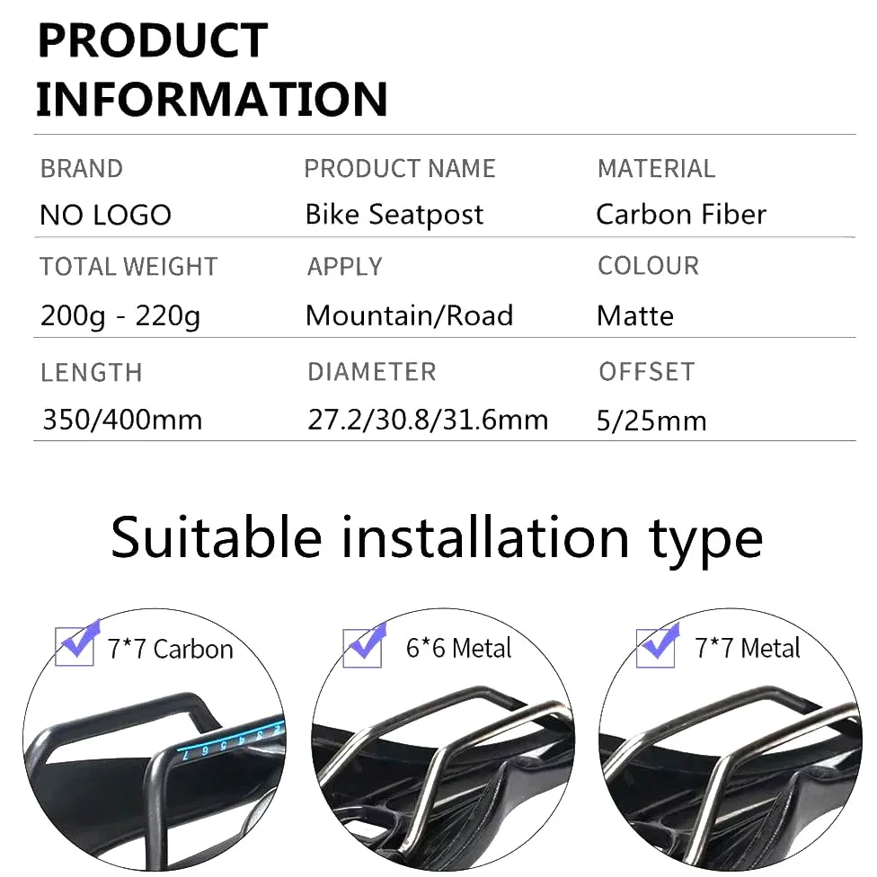 Selle de vélo Tige de Selle de vélo UD Tige de Selle en Carbone Tube de vélo de Route/VTT Tige de Selle VTT