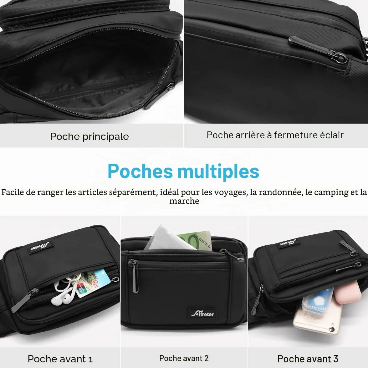 HNOOM Sac Banane Imperméable Homme Femme avec 5 Poches Sangle Réglable Grande Capacité Noir