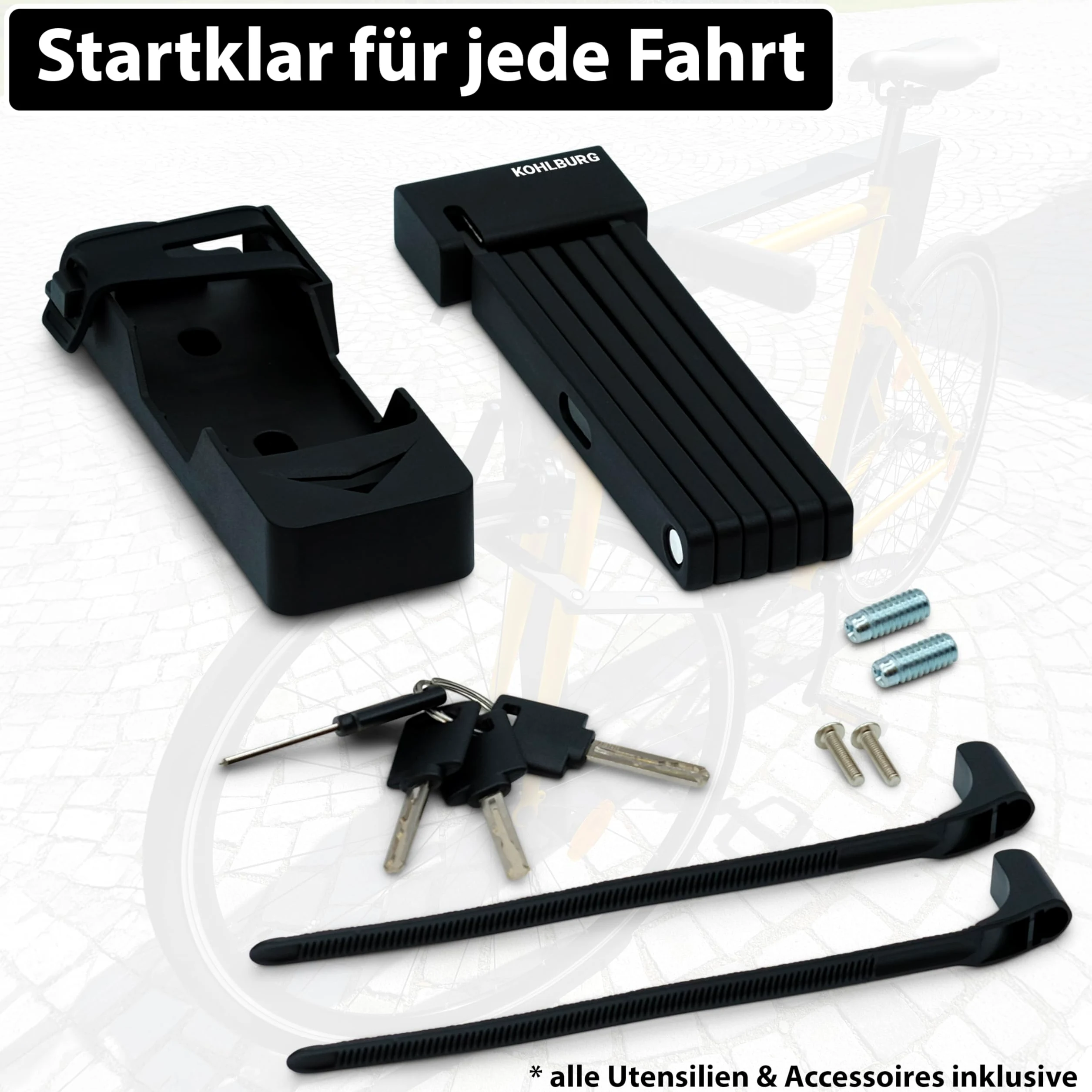 KOHLBURG Antivol de sécurité pliable [Maillons pliants de 9 mm d'épaisseur, 100 cm de long] – Antivol de vélo avec support et 4 clés – Antivol de vélo pour scooter, scooter, vélo électrique et vélo