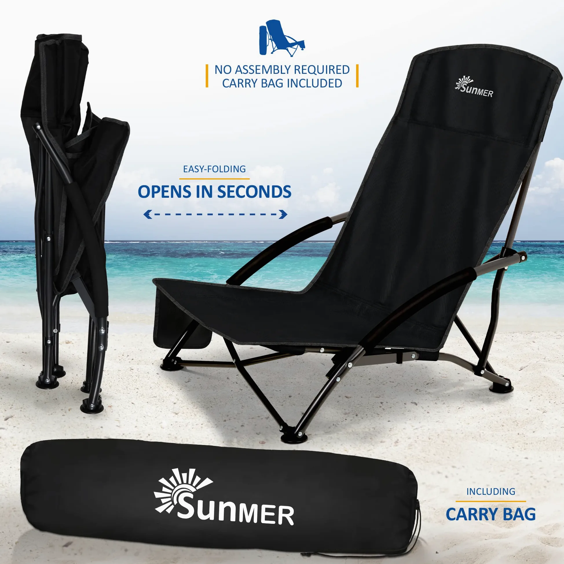 SUNMER Lot de 2 chaises de Plage Pliantes avec Poche latérale et Sac de Transport – Chaise de Camping Basse Pliable, compacte, légère, Portable, capacité de 120 kg – Noir