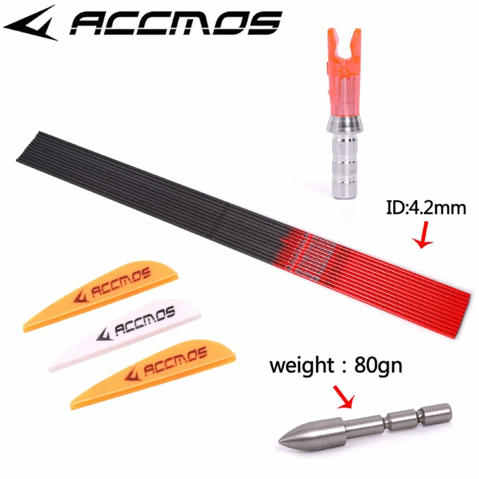 ACCMOS 12pcs Flèche Carbone pour Arc à Poulies 15-80 LB Diamètre Intérieur 4.2mm Spine 400-1000 22-32 Pouces