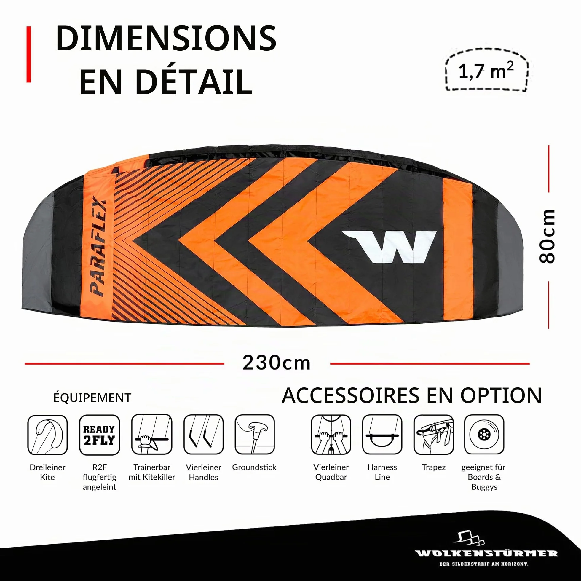 Wolkenstürmer Paraflex Trainer 2.3 Aile de Kitesurf Noir/Orange 3 Lignes cerf-Volant Mountain Board