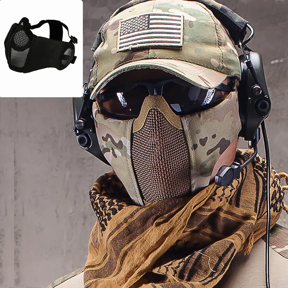 Demi-masque pliable airsoft en maille avec protection auditive pour paintball chasse