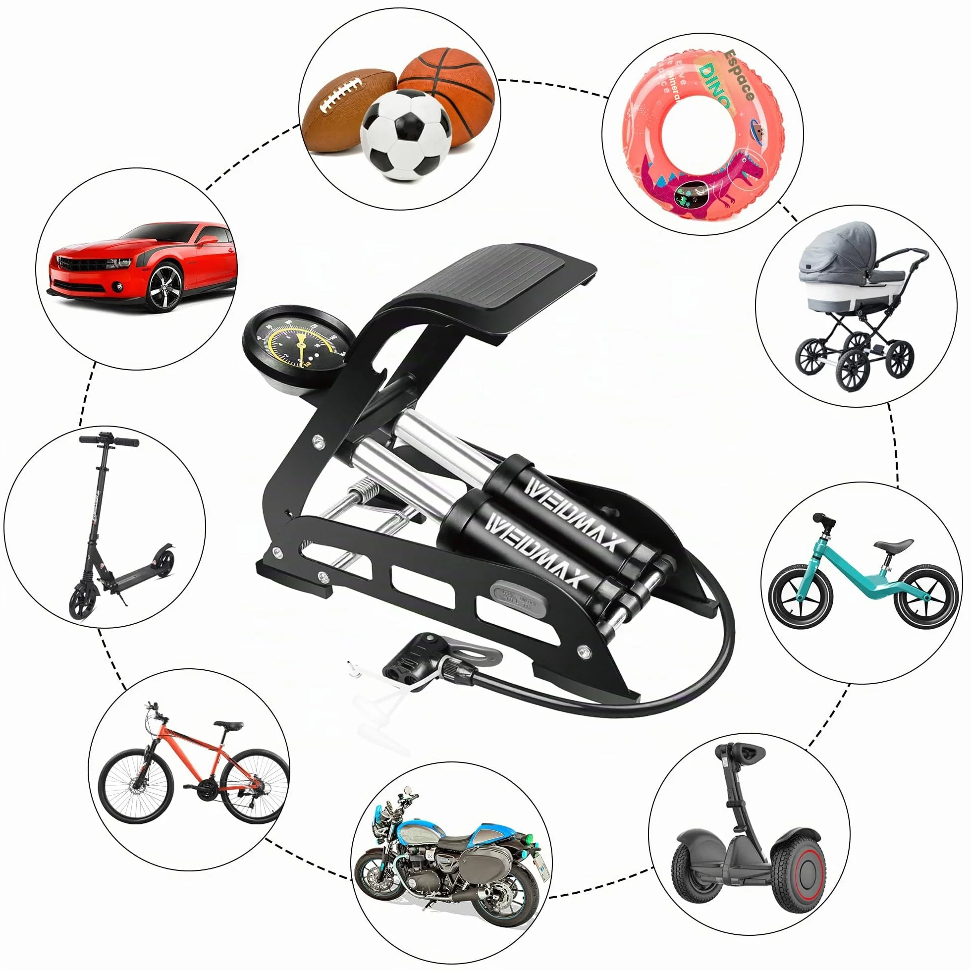 Pompe à pédale à Double Barillet Cylindre WEIDMAX, Pompe à Pied de vélo, Portable, Pompe à air de Sol de vélo, avec manomètre et tête de Valve Intelligente