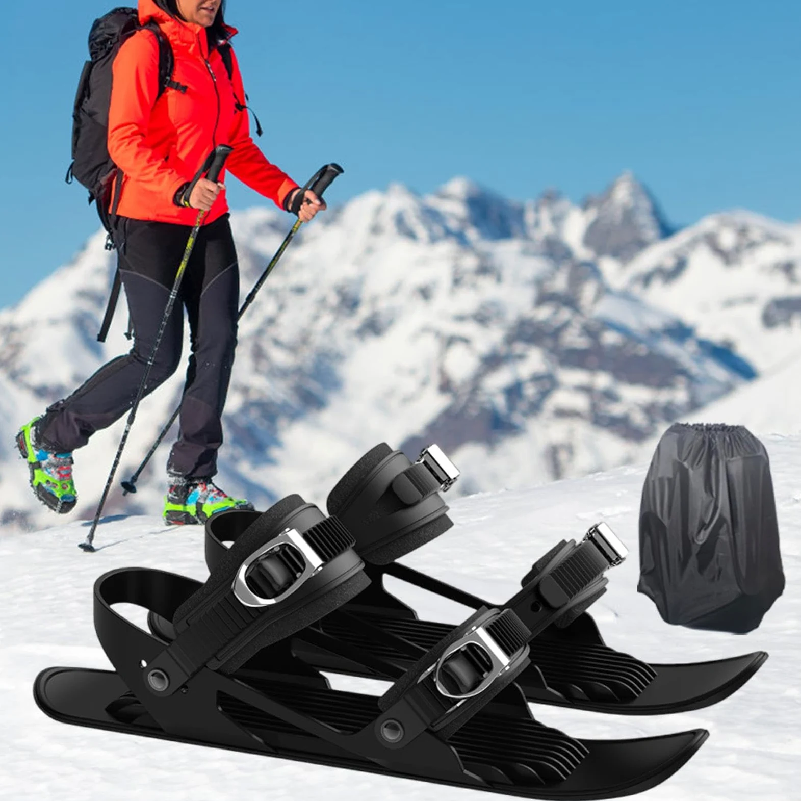 Skis courts, raquettes à neige pour homme | Patins à glace | Accessoires de ski compacts, outils de ski multifonctionnels réglables, pieds de neige légers et antidérapants pour hommes, femmes
