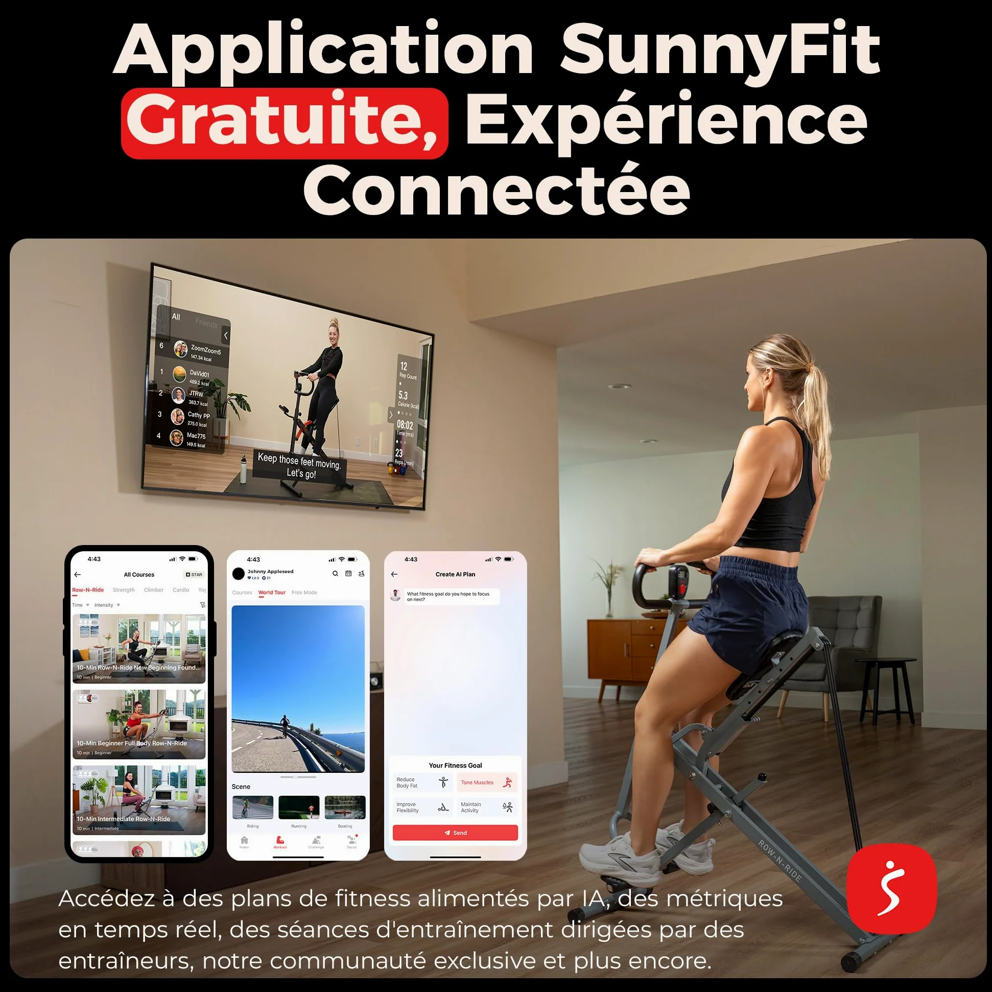 Sunny Health & Fitness Row-N-Ride Connecté Pliable Squat et Rameur | Entraîneur Fessiers et Jambes, 3 Angles de Squat, 4-Résistances, App SunnyFit, 150 kg Charge, Siège et Poignée Réglables