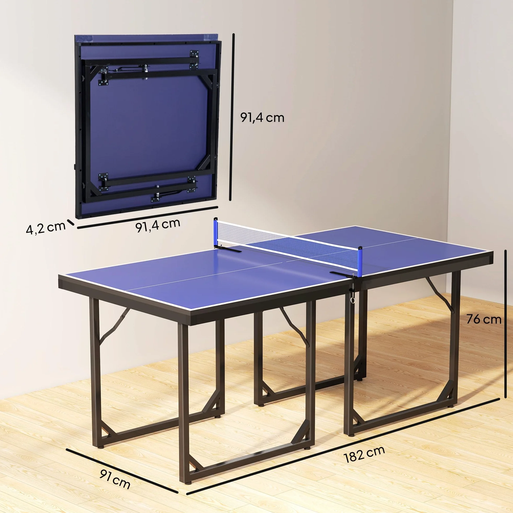 HOMCOM Table de ping-pong pliable 182 x 91 cm, facile à transporter, résistante aux intempéries, stable, table de tennis avec maille et cadre en acier, pour intérieur et extérieur, bleu