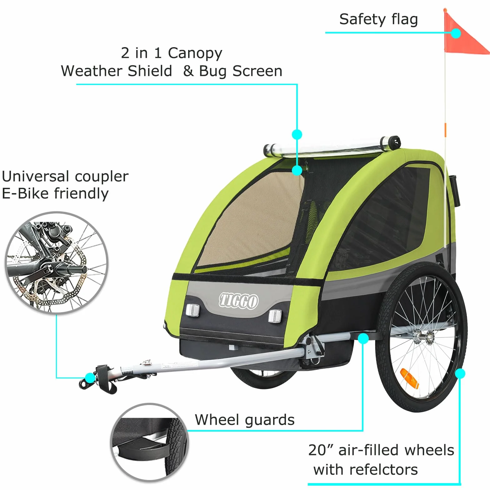 Tiggo T2 Remorque Enfants Vélo 2 en 1 Poussette Jogger Buggy 360° Roue Avant