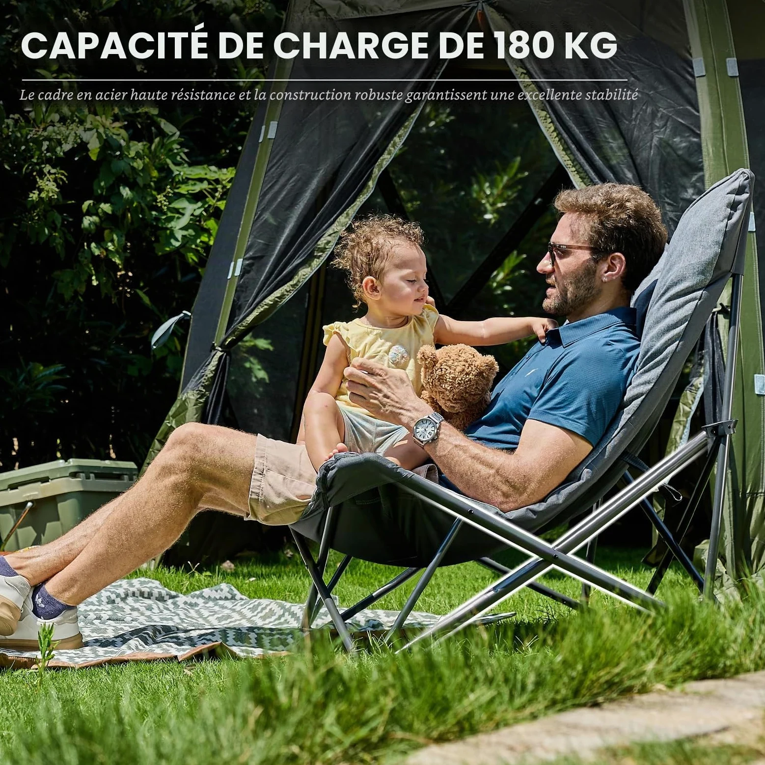 EVER ADVANCED Chaise de Camping Pliable XXL 180kg, Dossier Haut | Chaise pliante surdimensionnée à dossier haut, relax pour camping, jardin, balcon, pêche, intérieur, grise