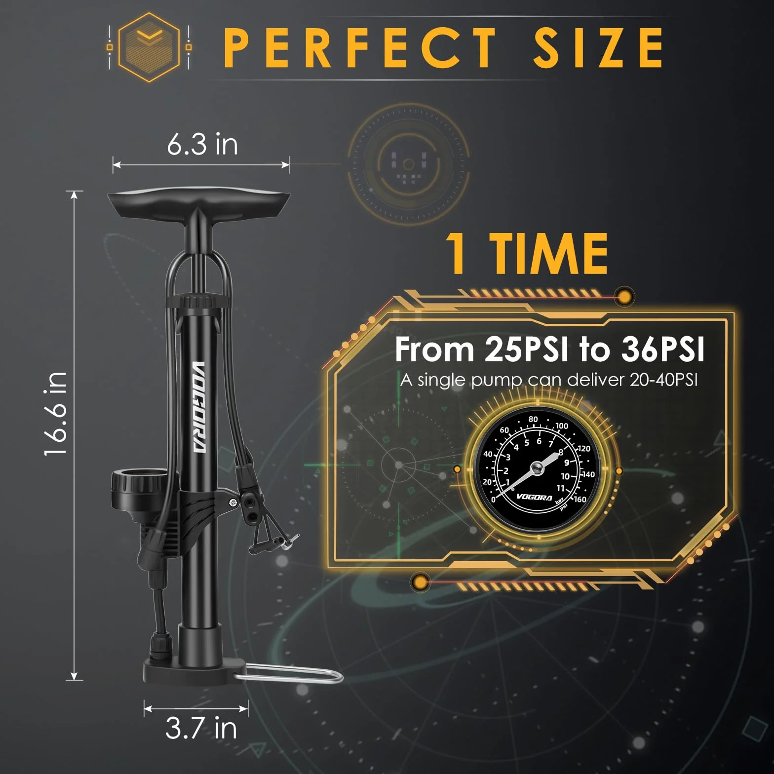 VOGORA Pompe à Vélo Portable Haute Pression 160PSI avec Manomètre pour Vélos VTT Route