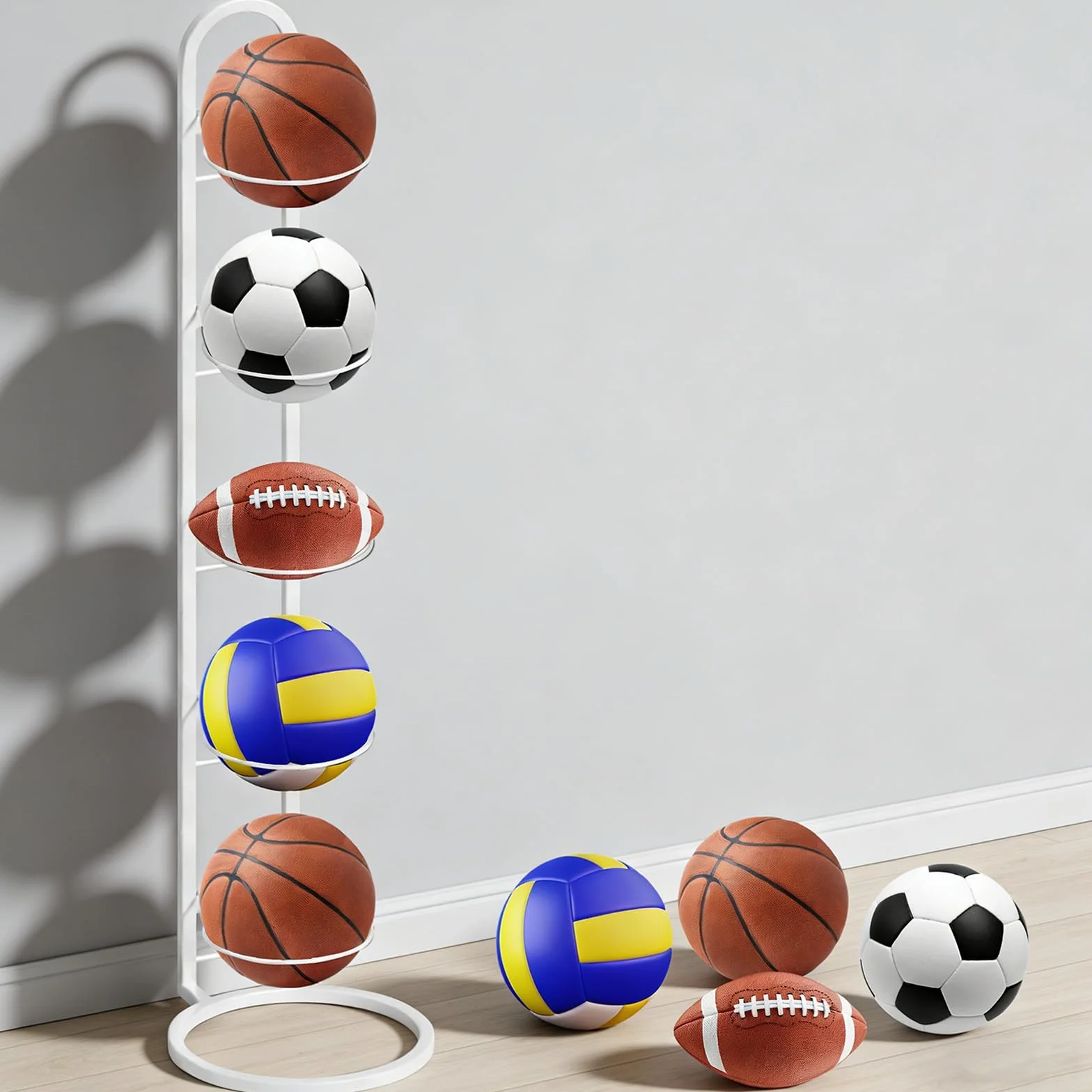 Support Ballon Basket 5 Niveaux en Métal Blanc, Porte Ballon Amovible pour Football/Basket/Volley - Organisation Garage