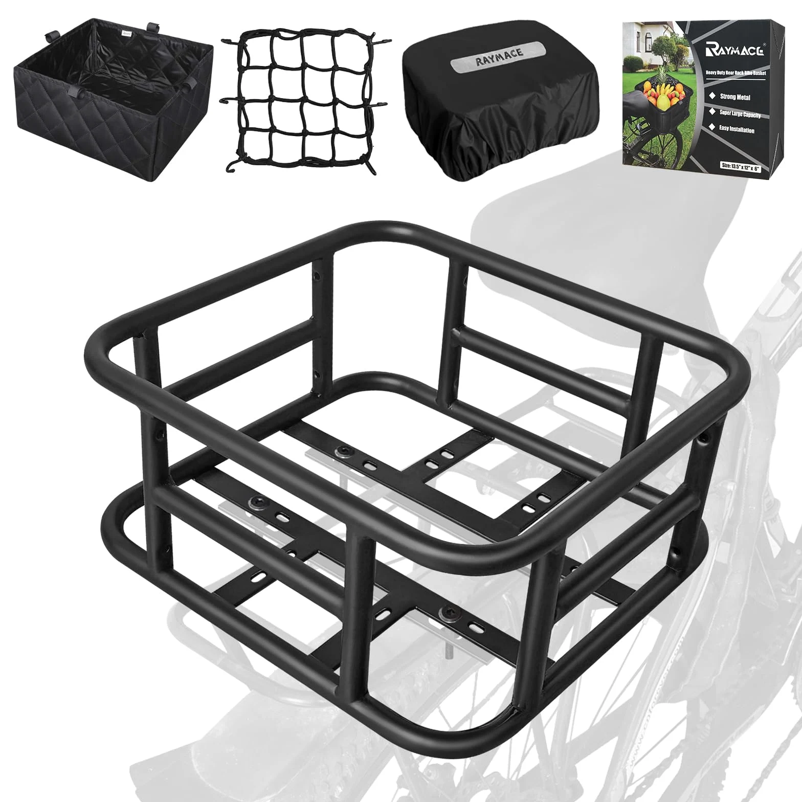 RAYMACE Panier arrière de vélo avec Filet de Cargaison, Housse imperméable et Doublure épaisse, Panier de vélo Robuste, Support Parfait pour vélo électrique