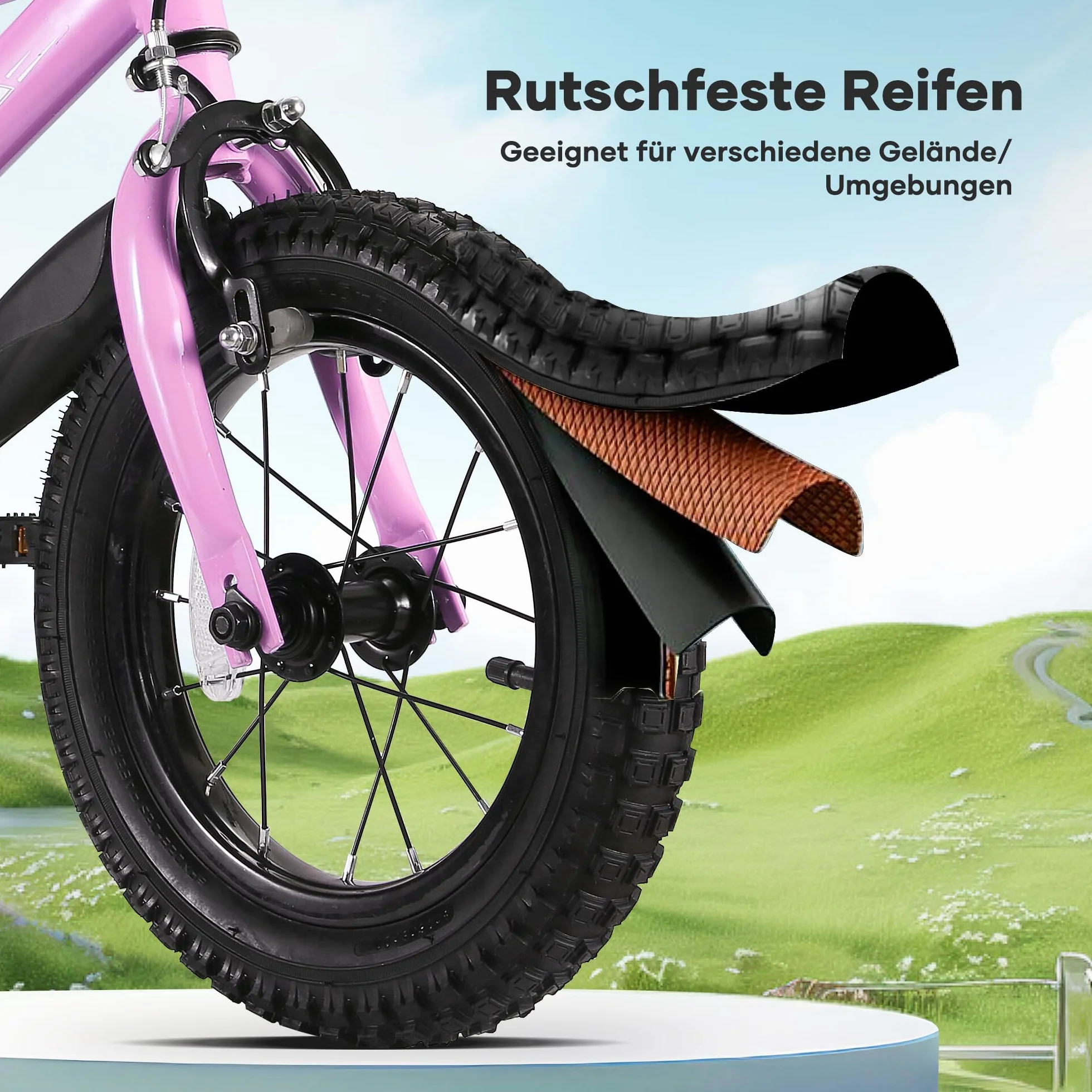 BODIOO Vélo enfant 14 pouces garçon fille roues stabilisatrices cadre stable siège réglable frein arrière frein à main 94-107 cm