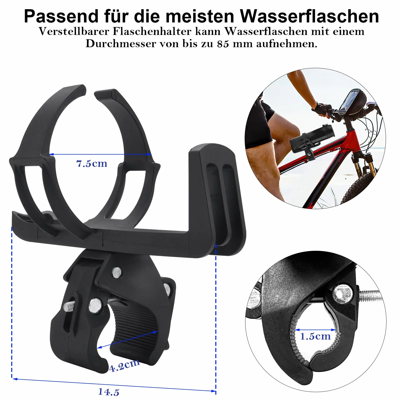 Porte Bidon Vélo Sans Vis, Support Bouteille Eau Rotation 360° pour VTT Poussette Fauteuil Roulant Noir