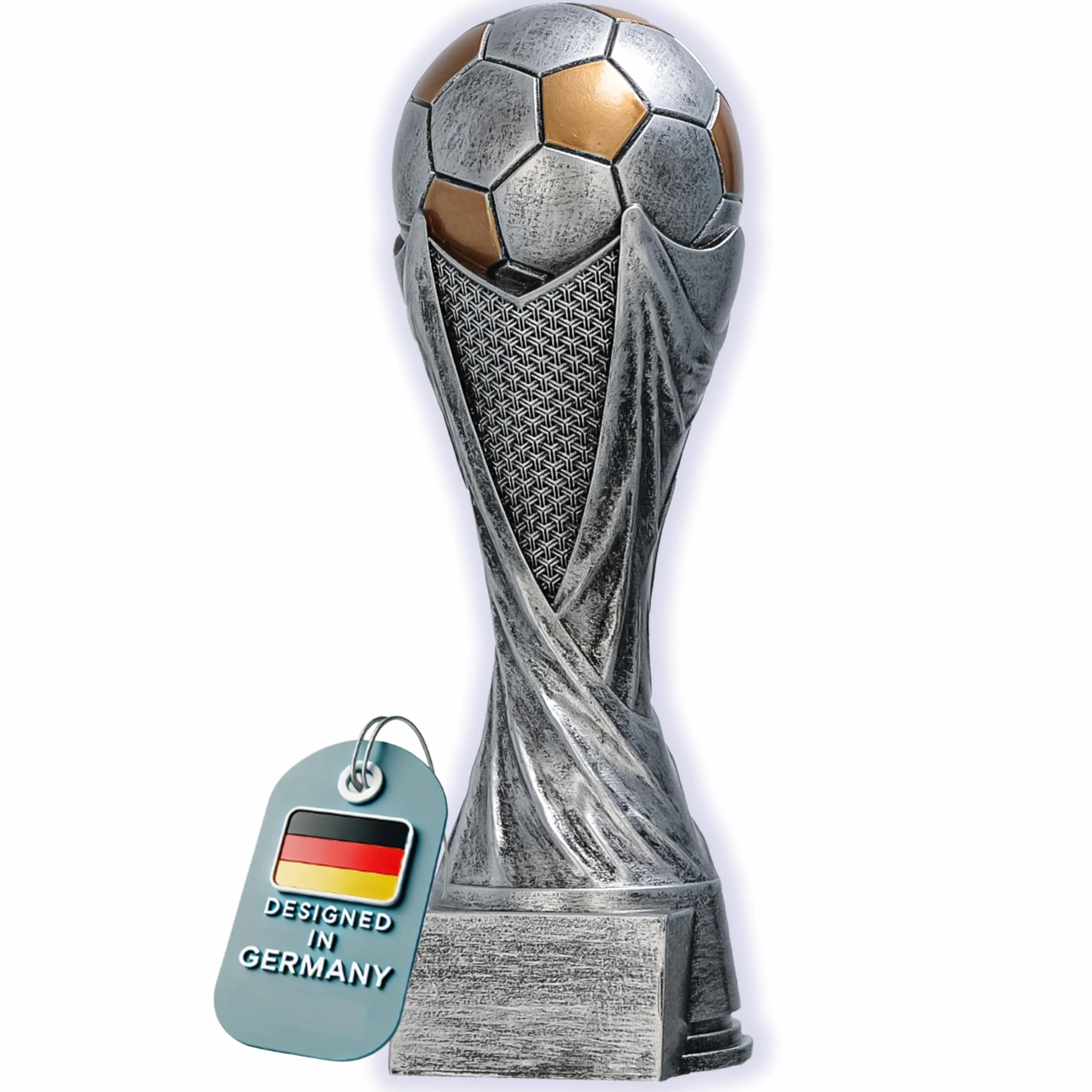 Larius Trophée Football avec Ballon 15–21 cm (300–830 g) – Coupe Lourde en Résine avec Gravure Optionnelle – pour Tournois, MVP, Meilleur Buteur & 1re–3e Place – M5