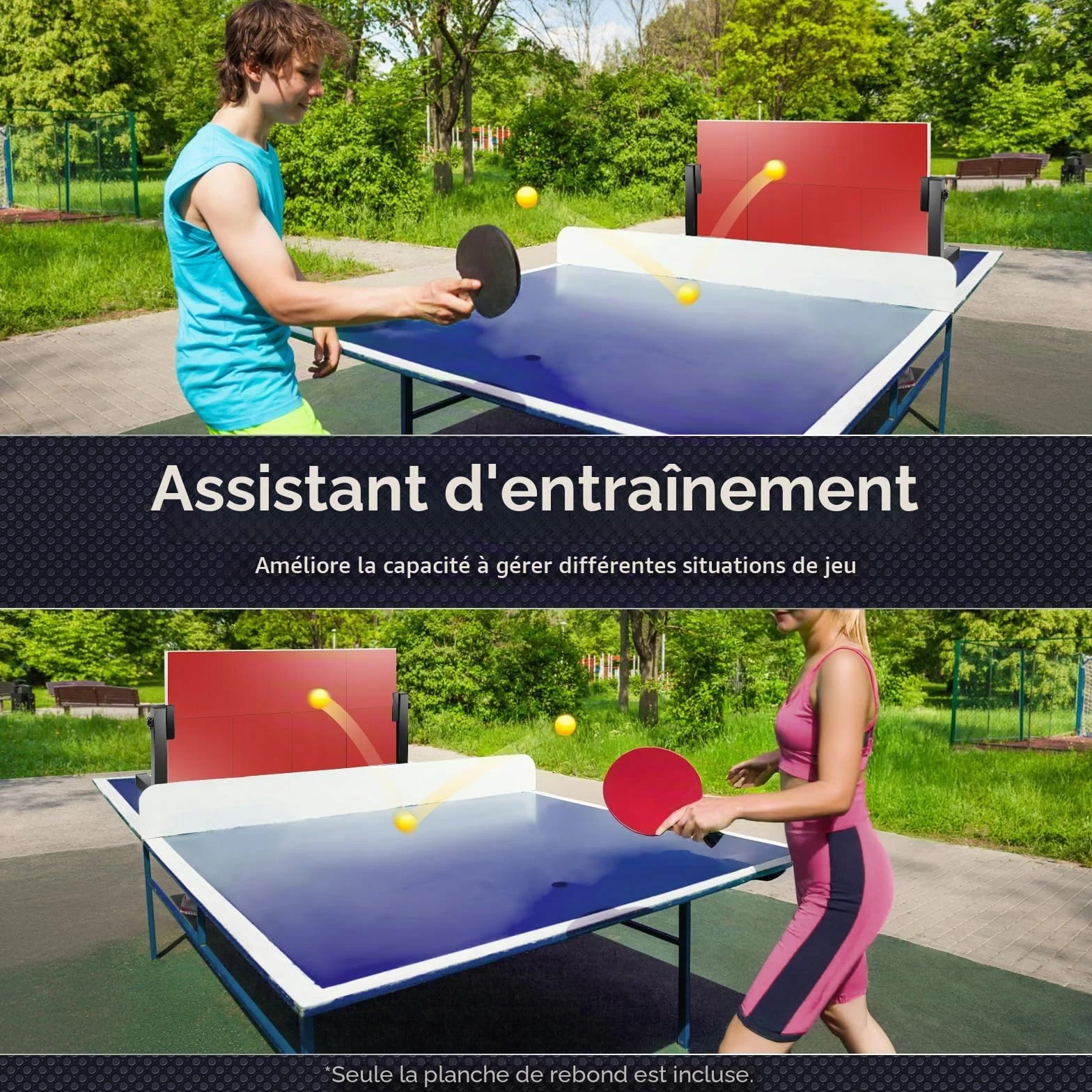 Ping Pong Rebounder Planche de tennis de table rebond avec 8 caoutchoucs rouges, équipement d'auto-entraînement pour la maison, la gym, l'intérieur et l'extérieur