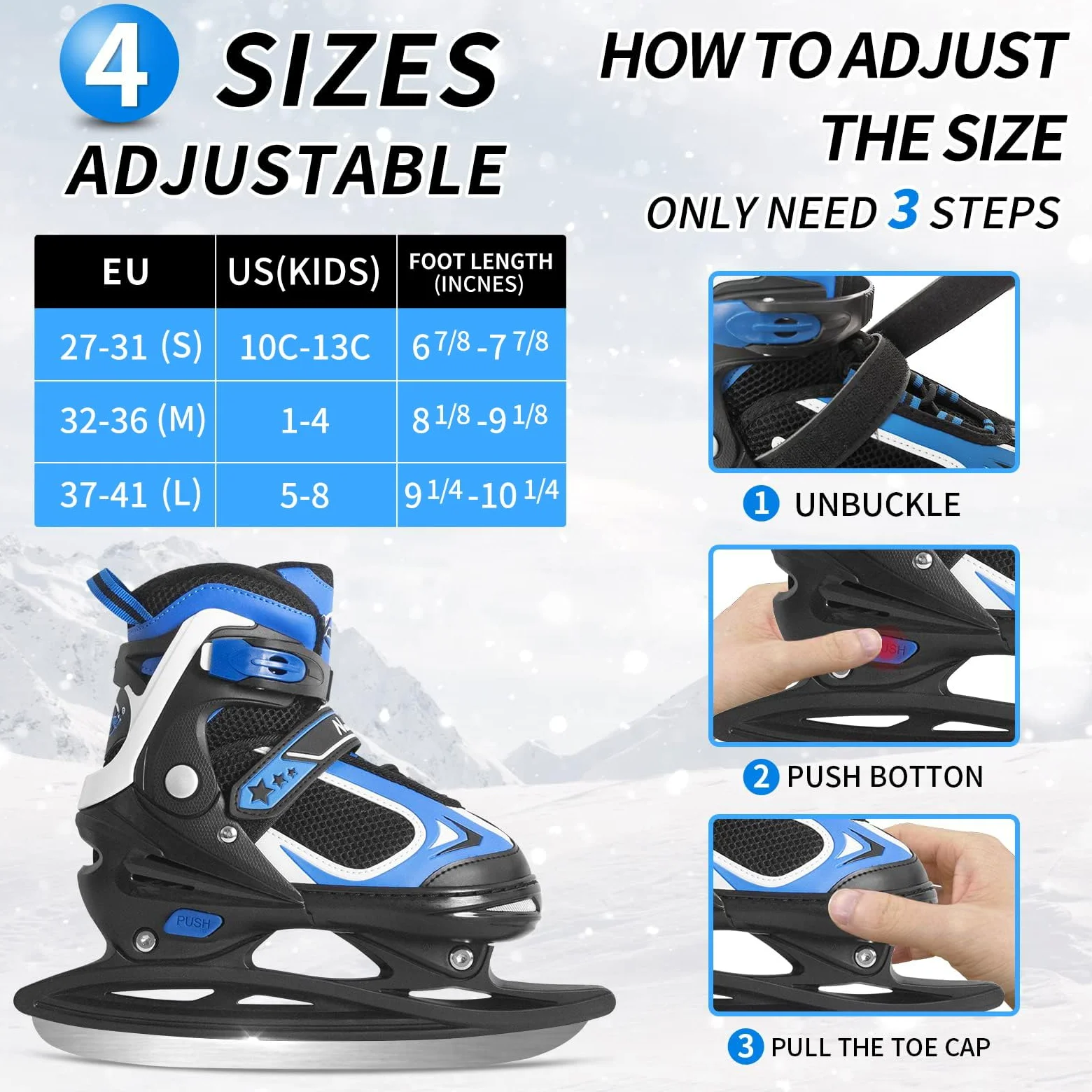 Nattork Patins à glace pour enfants, garçons et filles, patins de hockey à lacets réglables, rembourrage doux et support de cheville renforcé pour débutants