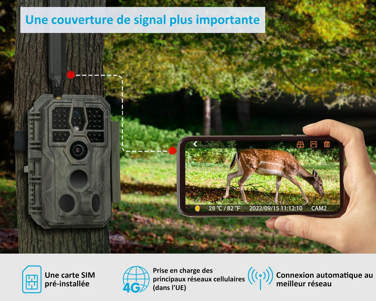 GardePro X50 Caméra de Chasse 4G LTE avec Carte SIM et APP, Vidéo H.265 48MP, Vision Nocturne Infrarouge No-Glow de 30 m, Détecteur de Mouvement 0,1 s et IP66 Étanche