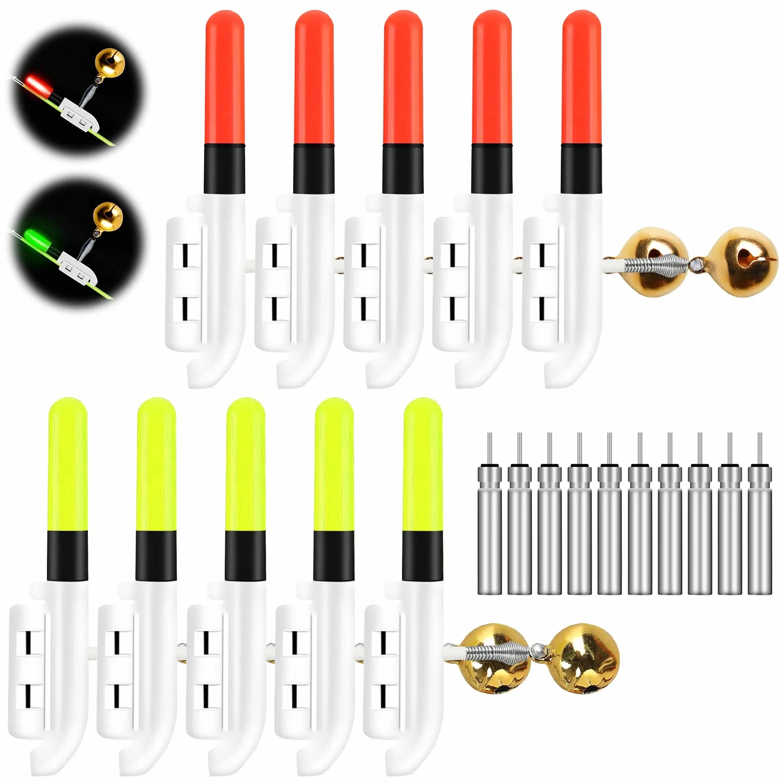 Lot De 10 Détecteurs De Touche Électroniques Pour La Pêch, Détecteurs De Touche De Pêche Électroniques, Detecteur De Touche Peche Avec Indicateur Lumineux Led, Facile À Fixer Pour La Pêche ,Vert/Rouge