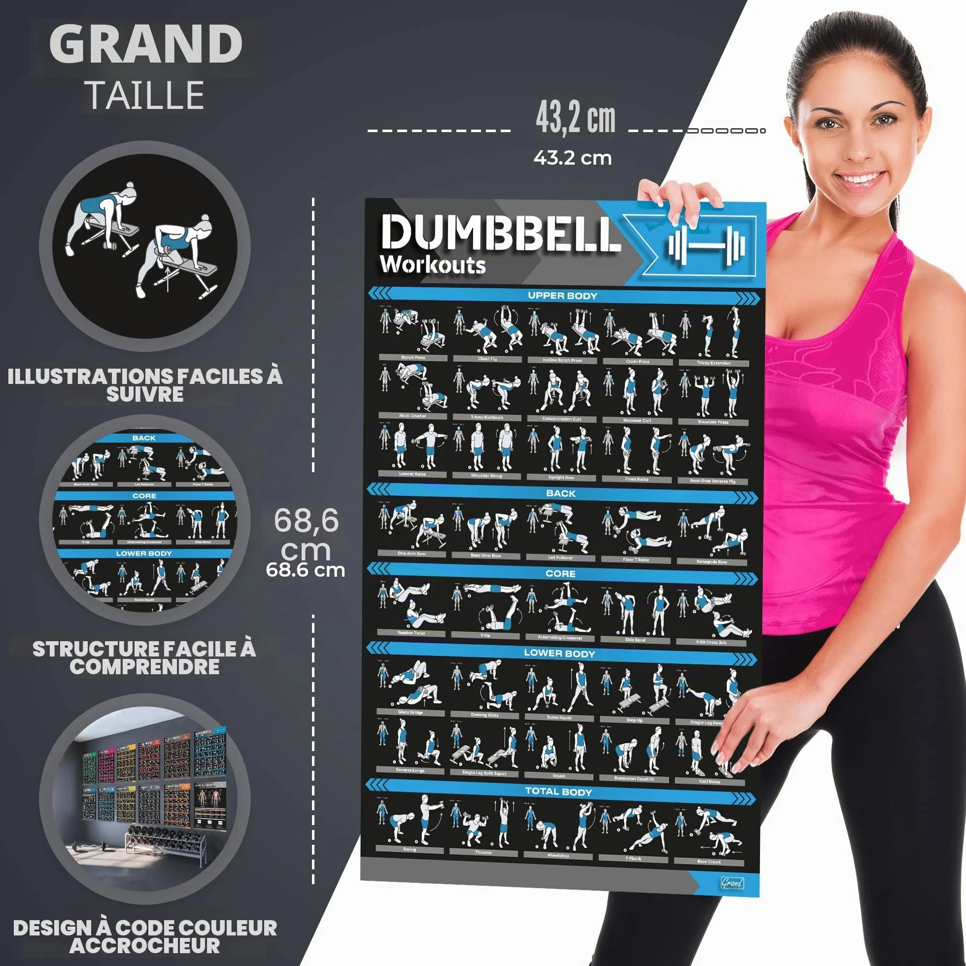 GRAND BASICS Lot de 12 grandes affiches d'entraînement laminées pour salle de sport à domicile avec haltères