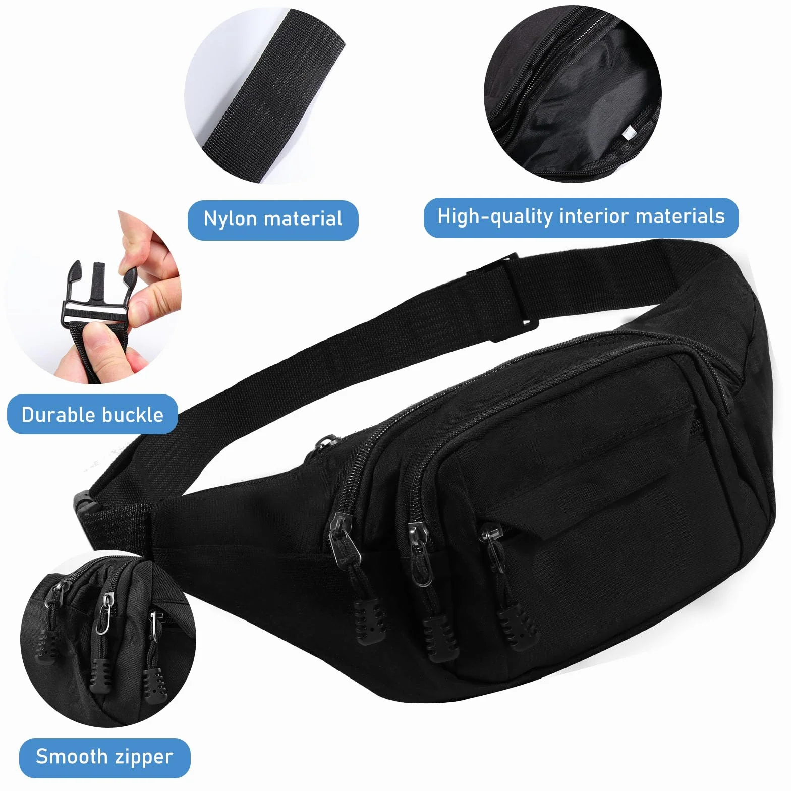 Vinabo Sac Banane Femme & Homme Sacoche Ville Imperméable Unisexe à Effet Holographique Femme Chic Brillant Sac à la Taille pourd'entraînement en Plein air Randonnée Camping, Noir