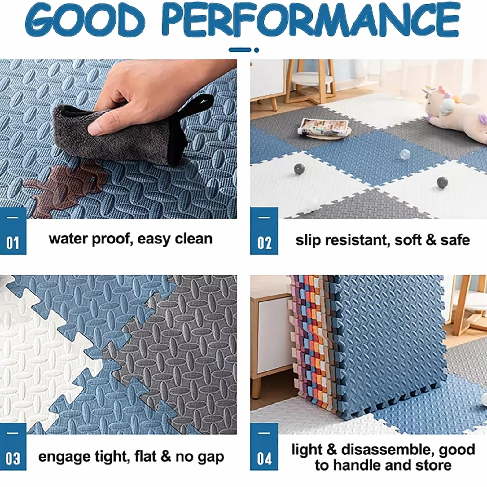 Tapis de sol emboîtable en mousse puzzle avec bords 60 x 60 x 1,2 cm antidérapant confortable pour salon, maison, salle de sport, garage