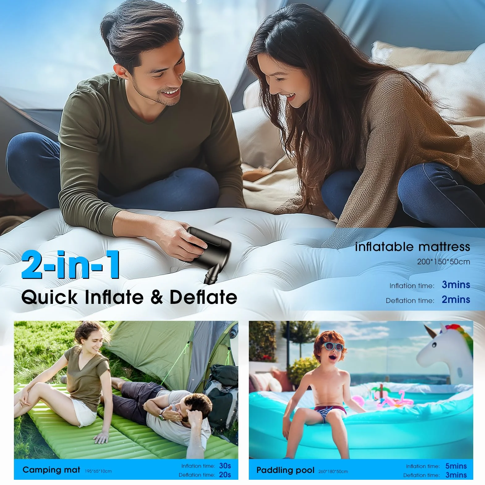 Gonfleur Électrique 6000mAh Rechargeable Pompe à Air avec 5 Buses pour Matelas Gonflable Bateau