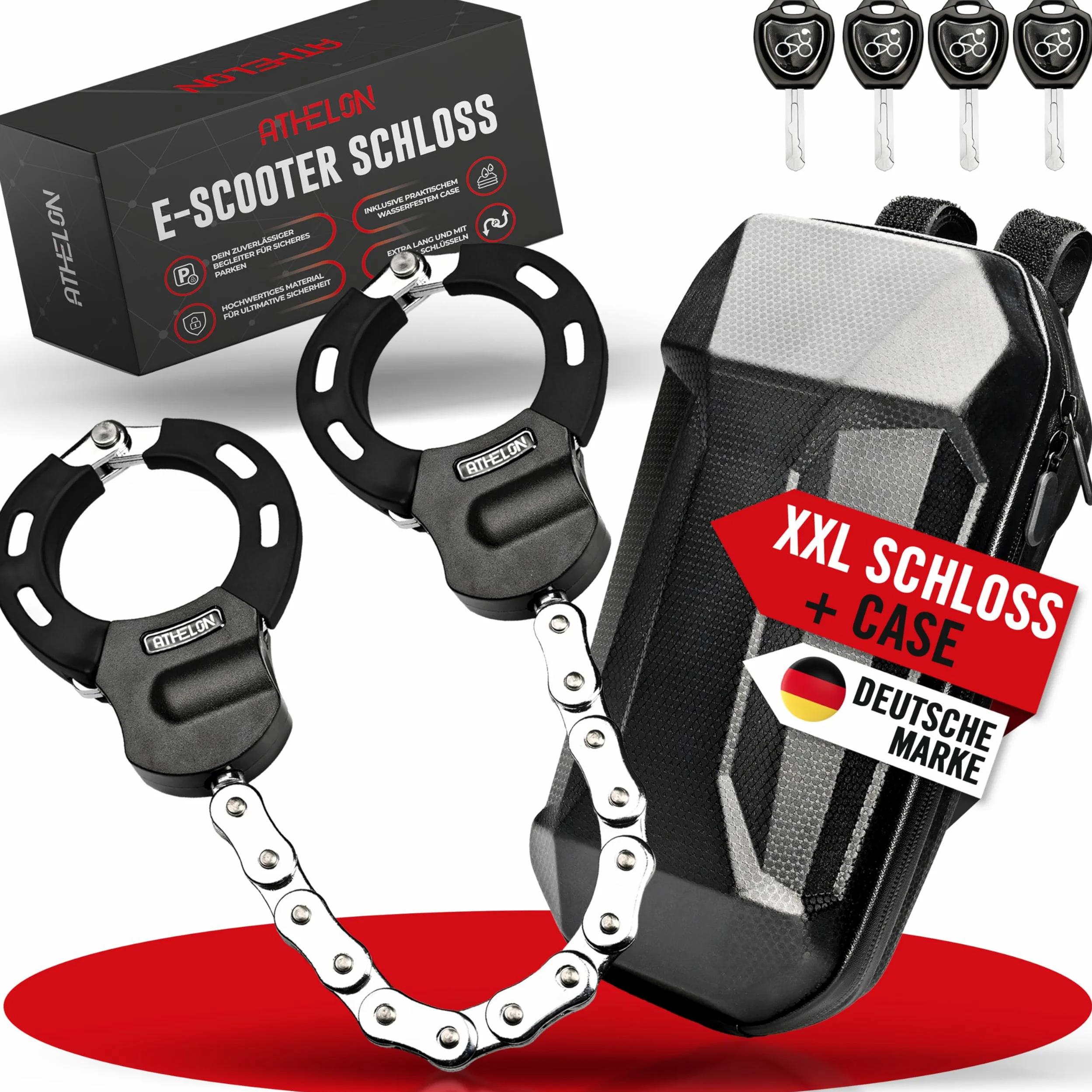 ATHELON Serrure pour scooter électrique [extra sûr] – Antivol à menottes long et résistant aux coupures pour scooter électrique avec protection anti-rayures avec accessoires [étui et 4 clés] – pour