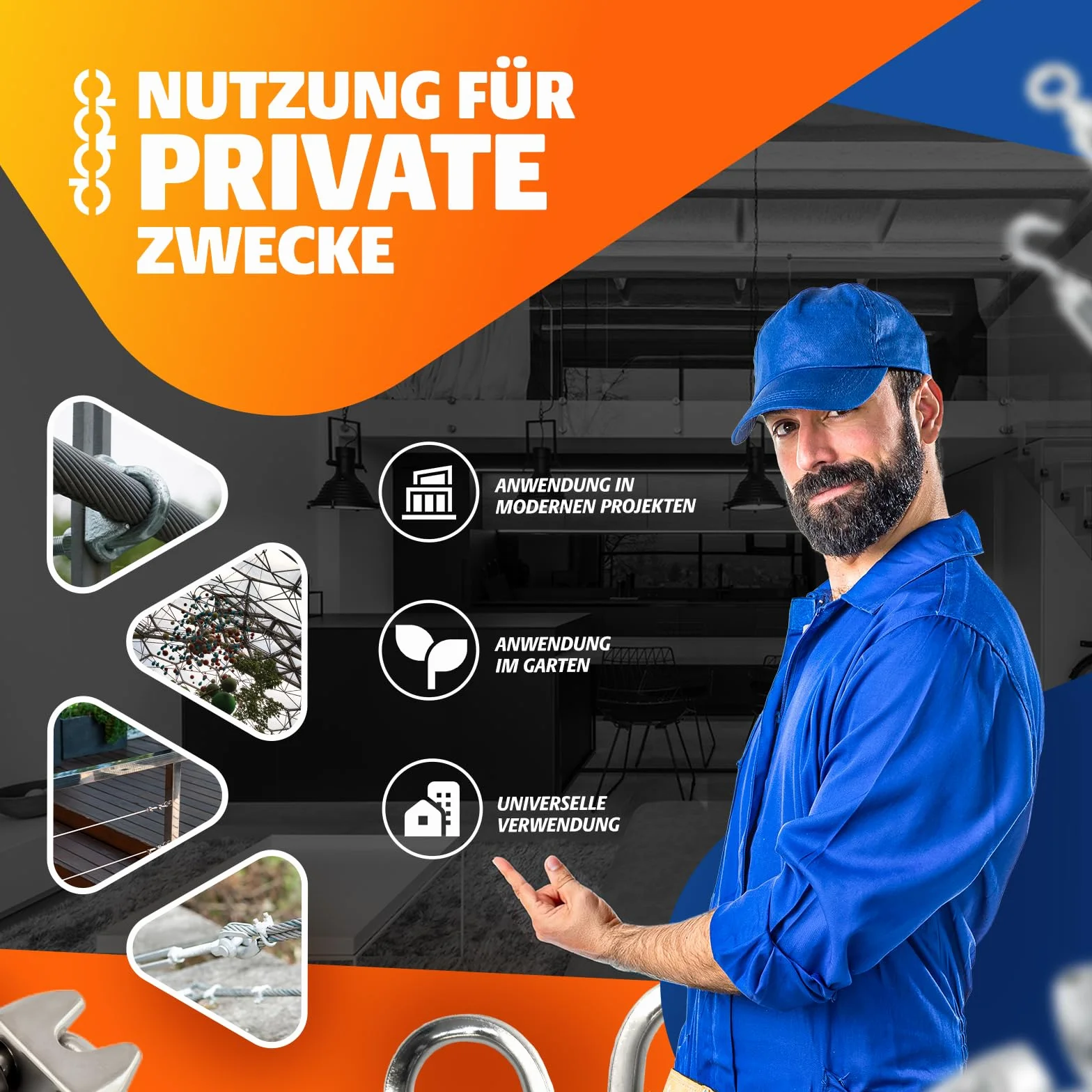 DQ-PP SET 30m câble acier galvanisé 6x19 6mm + 4 serre-câbles étrie et 2 cosse coeur