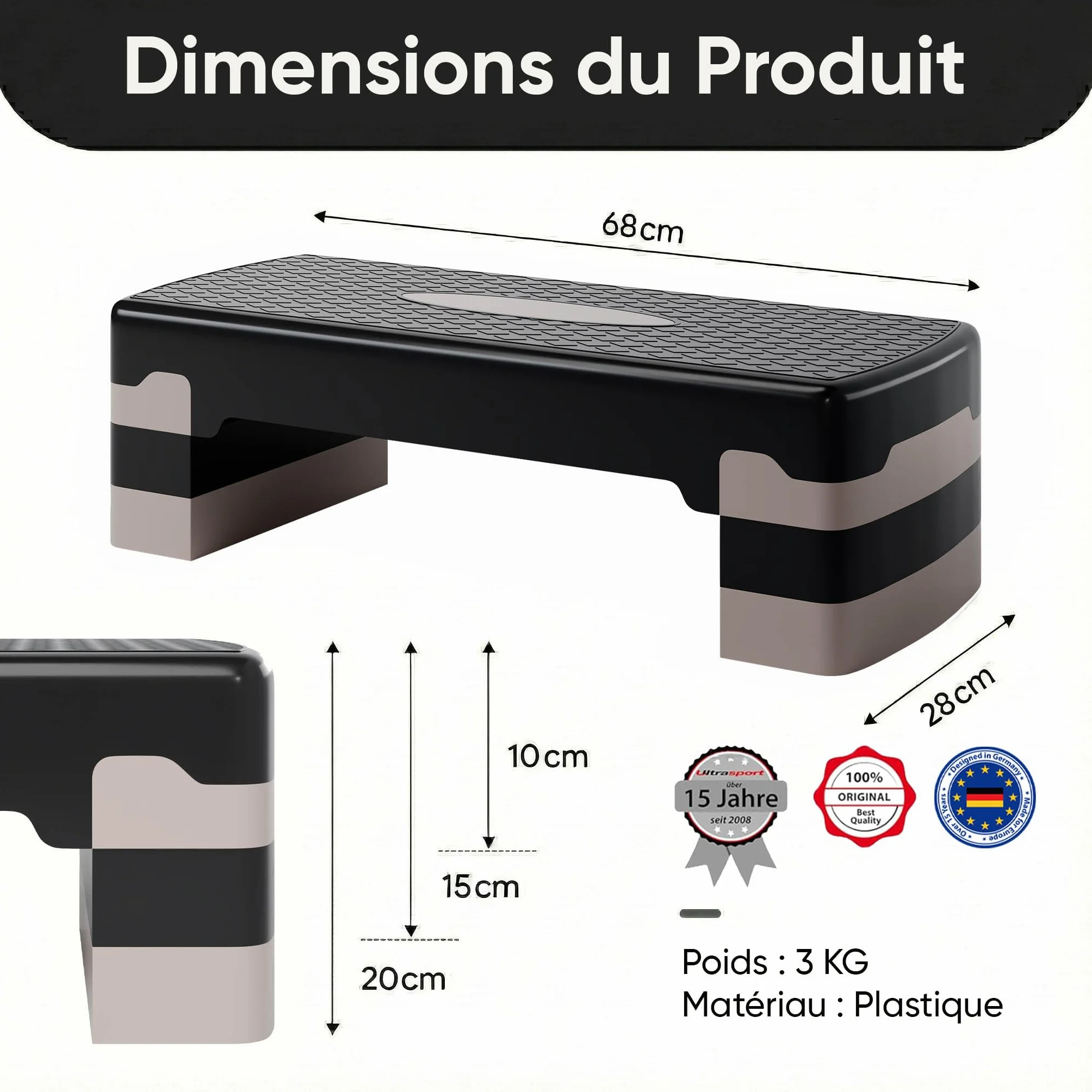 Ultrasport Step Aérobic Antidérapant 3 Niveaux Stepper Fitness 68 x 28 cm Gris