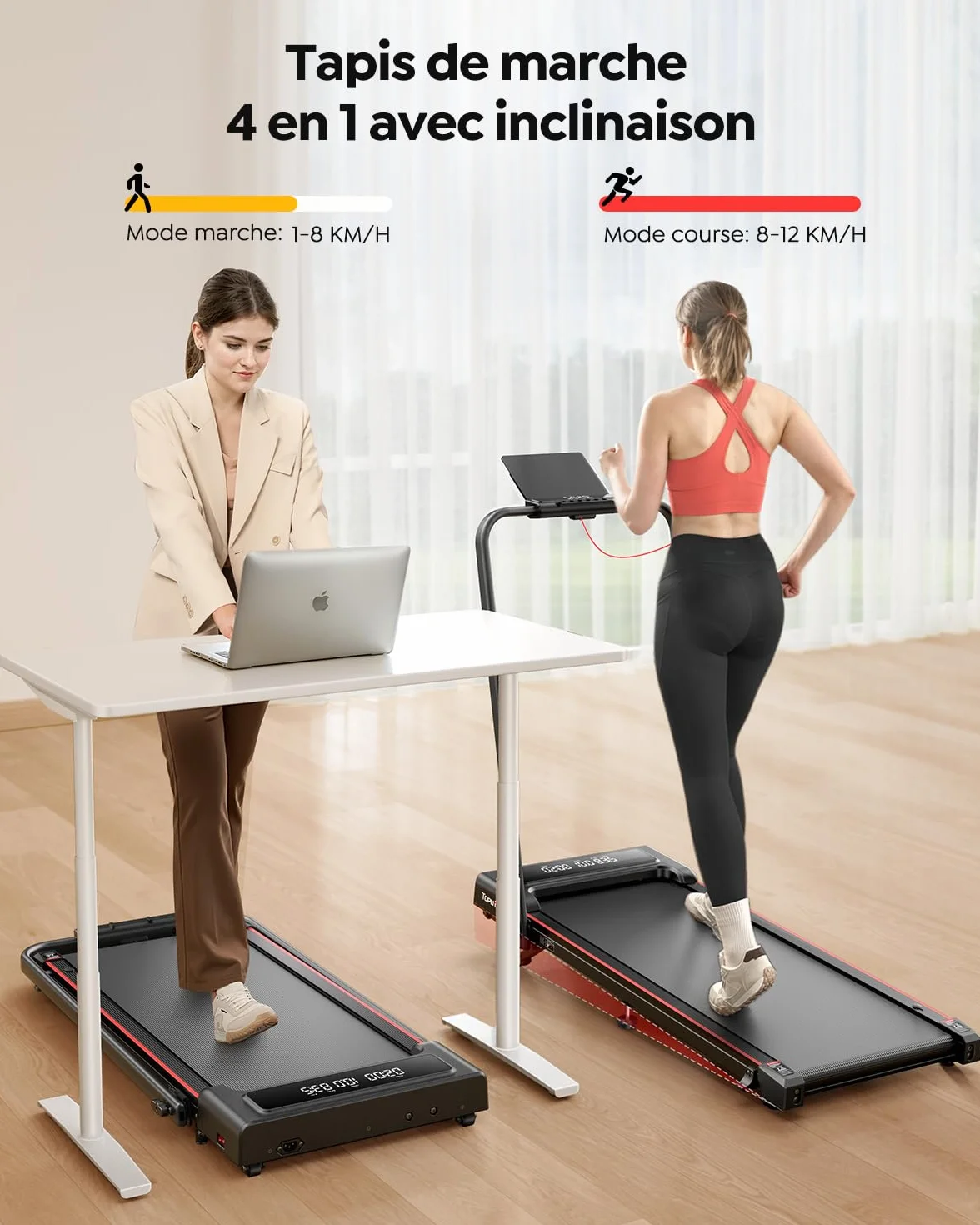 Tapis de Course Pliable 4en1, Inclinable 9%, 12km/h, 2.5 HP, Compact et Portable, Double écran LED