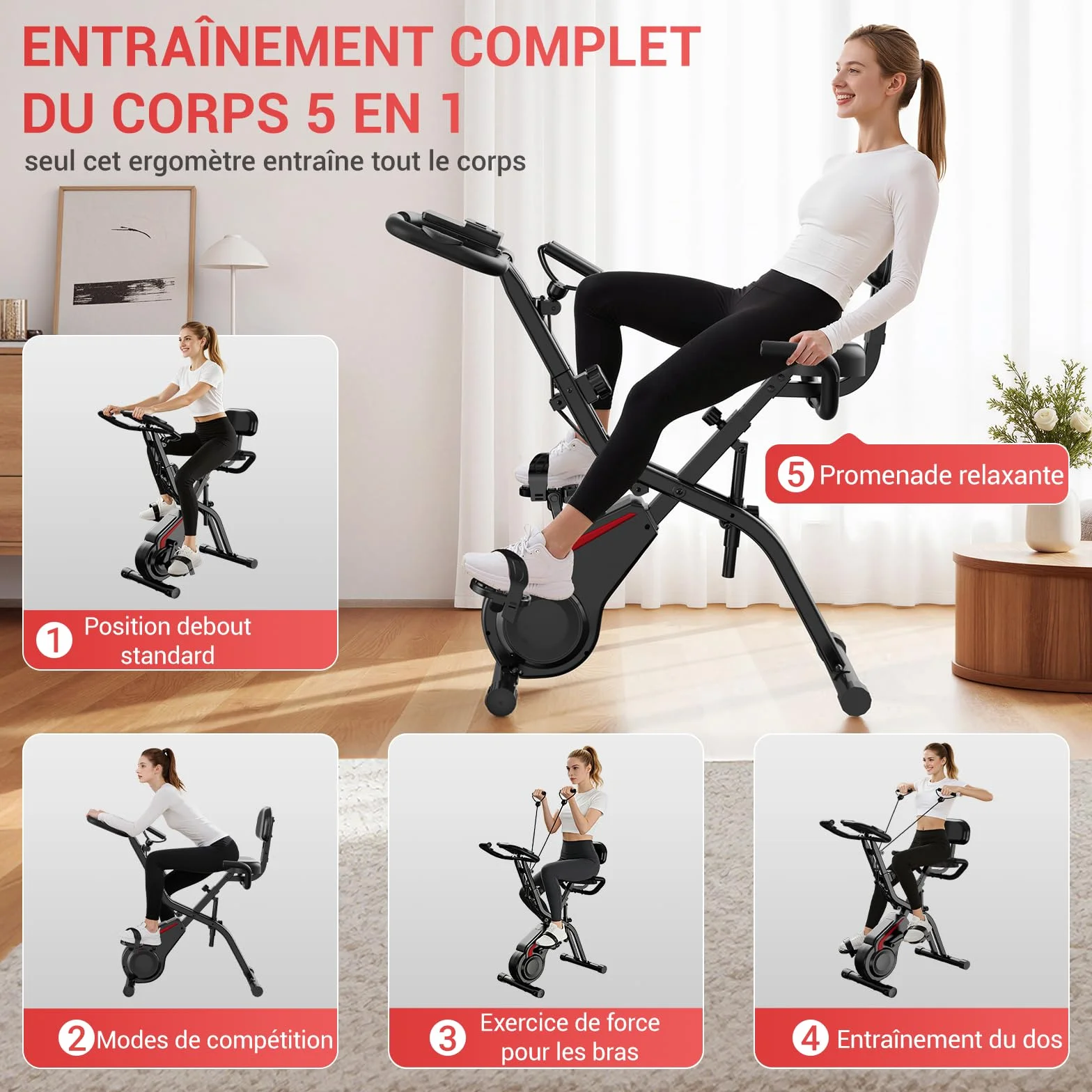 Vélo d'appartement pliable CURSOR 5-en-1, résistance silencieuse 16 niveaux, écran LED, cardiofréquencemètre