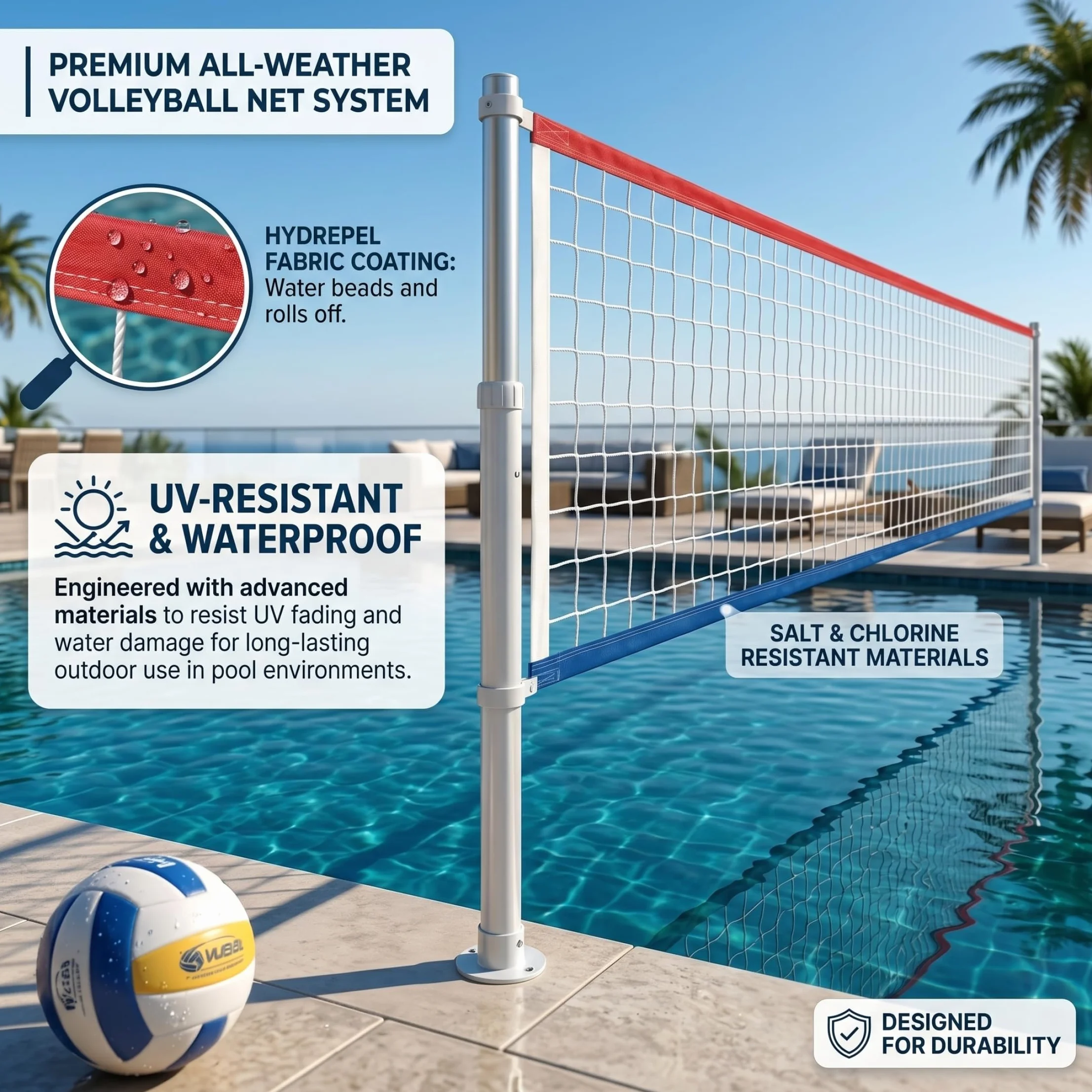 Filet de Volley-Ball pour Piscine réglable 15 à 28 Pieds, imperméable Toutes Saisons, Cadre Ultra-épais