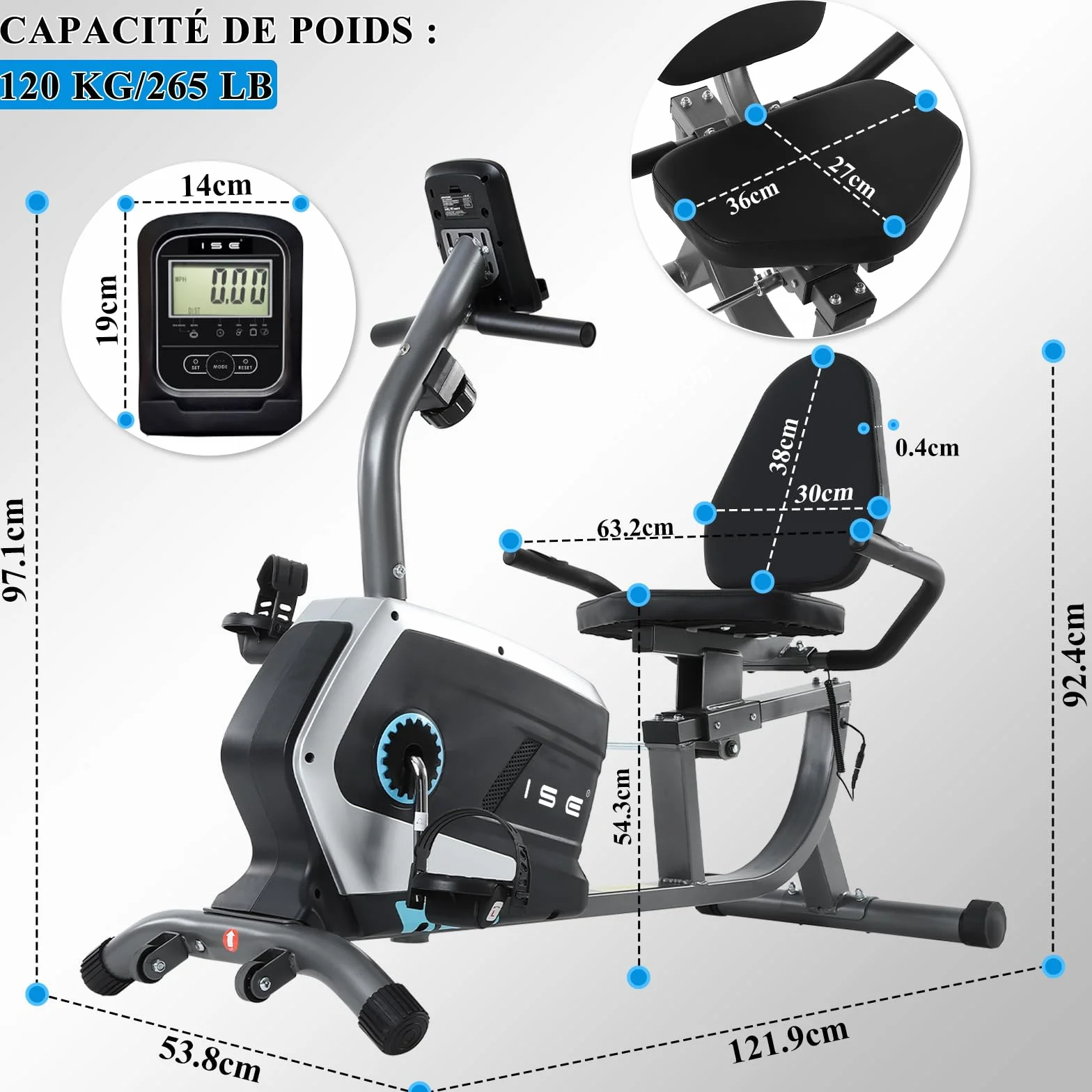 Vélo d'Appartement Semi-Allongé Magnétique 8 Niveaux Résistance, ISE Roue Transport, Écran LCD