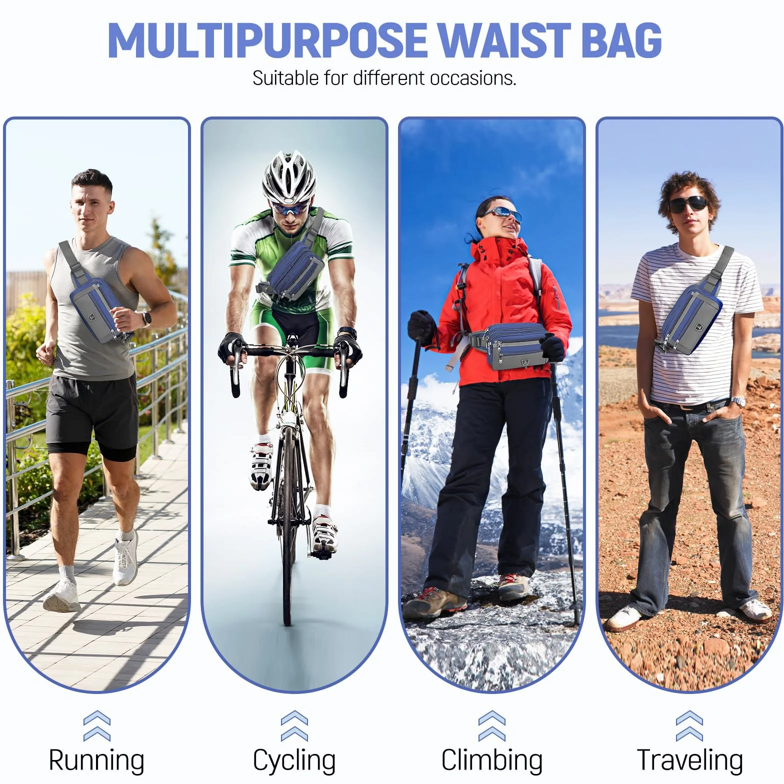 Sac Banane Homme Femme 7 Poches Zippées Sangle Réglable Grande Capacité Jogging Randonnée Cyclisme Bleu