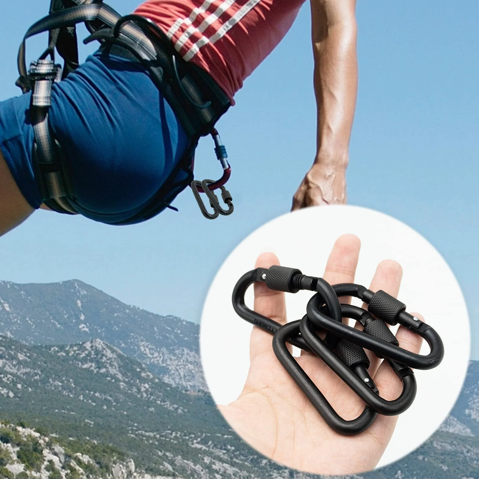 Mousqueton Tactique en Alliage d'Aluminium - Porte-clés Noir avec Verrouillage à Vis - 4 Pièces, 8 cm