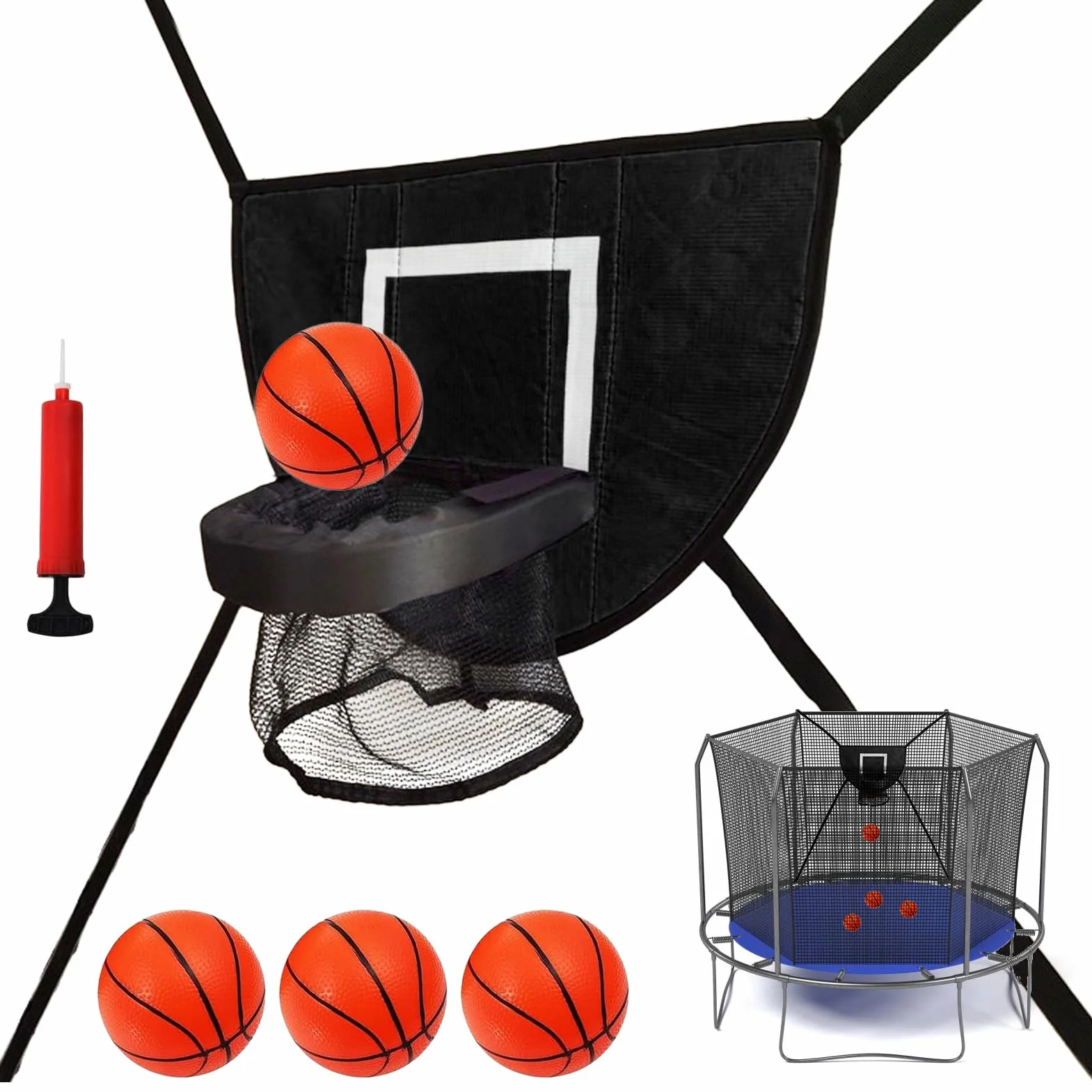 Panier de Basket-Ball pour Trampoline avec Filet, 4 Balles et Pompe, Filet Amovible pour Sports d'Intérieur et Plein Air
