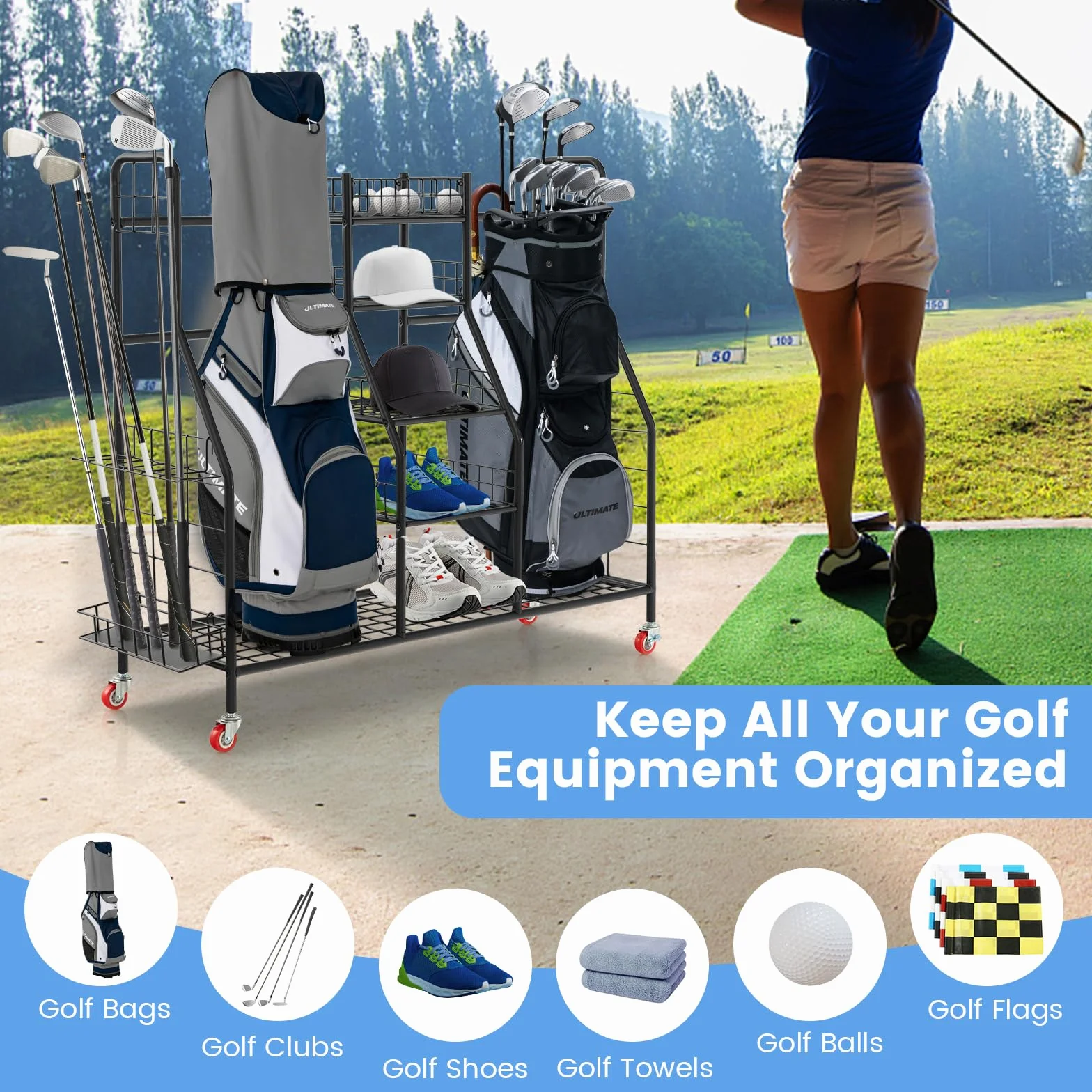 GYMAX Organiseur de Rangement Clubs de Golf Métal 4 Roues 120,5x37,5x105 cm