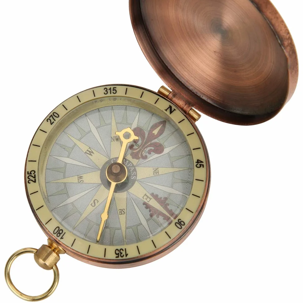 Boussole Portable Vintage en Métal avec Couvercle Pliant Cuivre pour Camping Randonnée