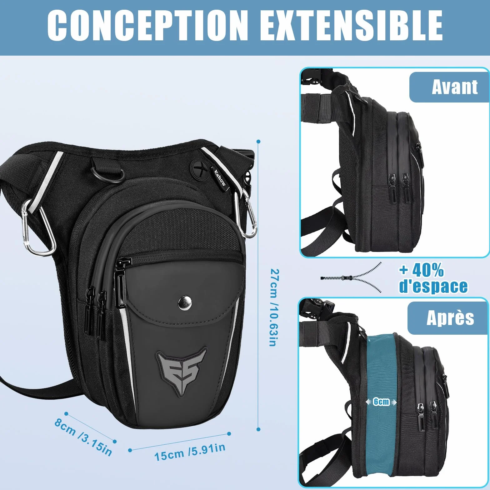 Eshow Sacoche de Jambe Moto Capacité Extensible, Sac Banane Femme Homme avec Bande Réfléchissante, 1 Clip à Gourde, 2 Mousquetons pour Randonnée Pêche