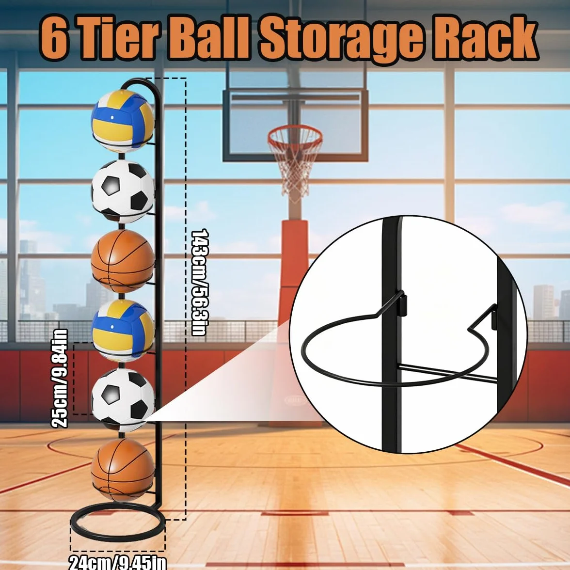 Support Ballon Basket en Métal 6 Niveaux, Rangement Vertical, Porte Ballon Amovible pour Football, Basketball, Volleyball, Rugby