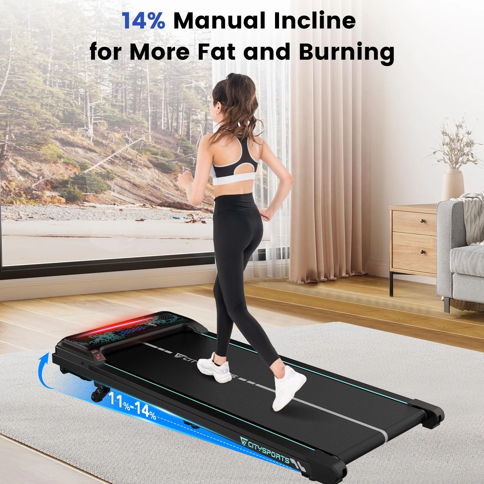 CITYSPORTS Tapis de Course Électrique Inclinable 11-14%, 1-6 km/h, Écran LED, Télécommande