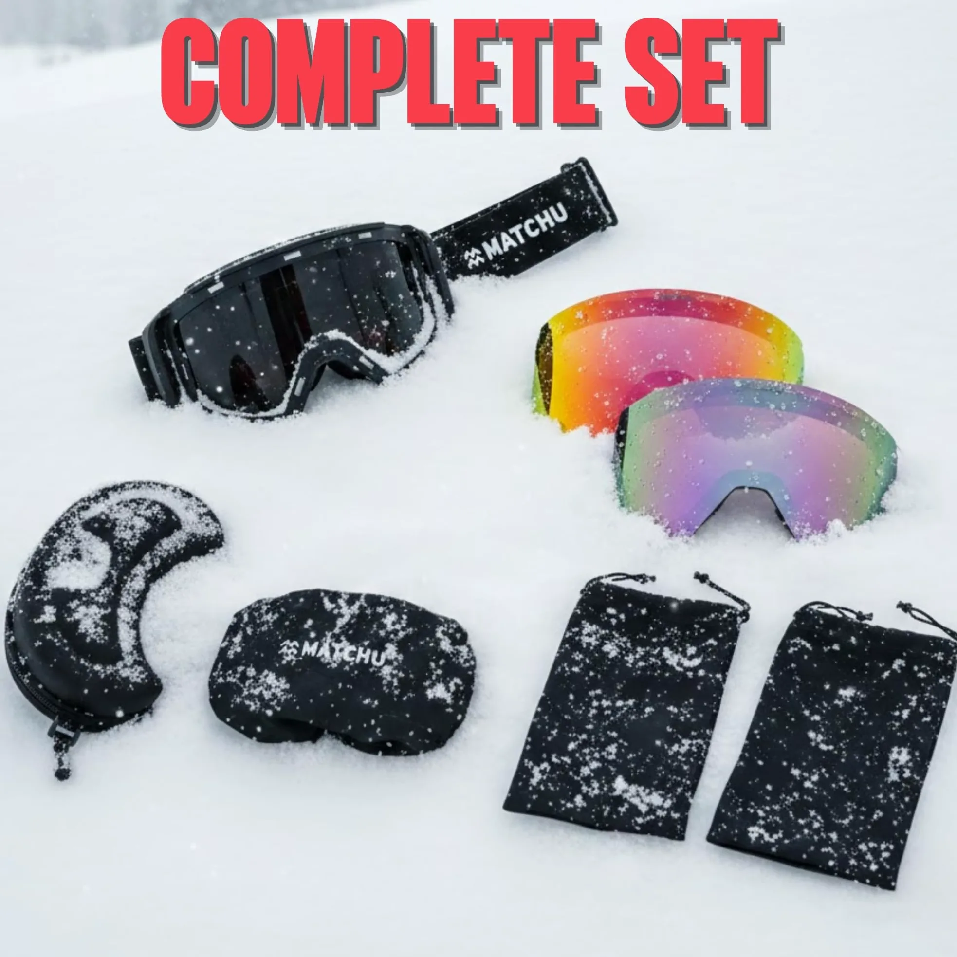 MATCHU - Masque de Ski Premium, Verres Interchangeables S2/S3, Double Anti-Buée, Coffret Luxe & Housse Microfibre